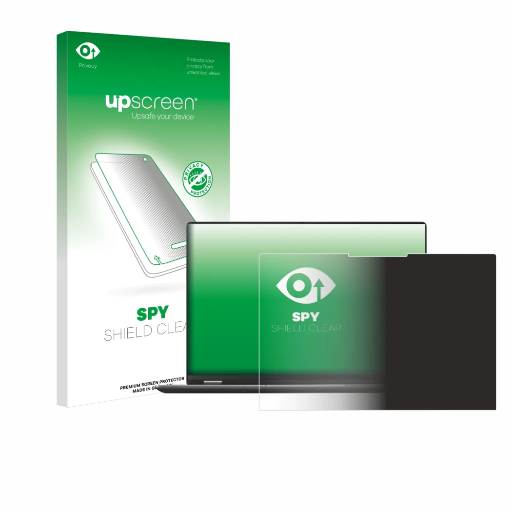 Parte frontal de un envase de producto con el logotipo de la marca upscreen. Al lado se muestra el dispositivo ASUS Vivobook S