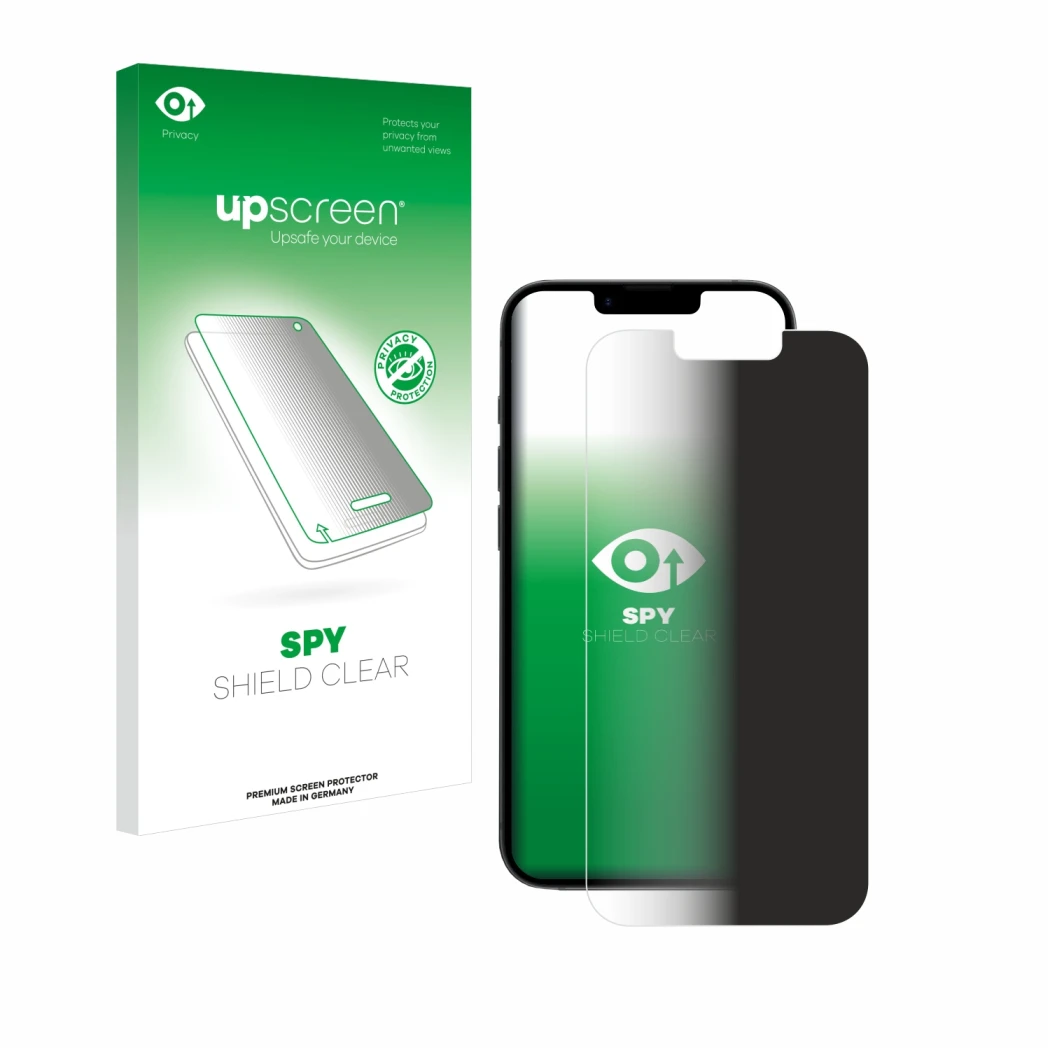 Parte frontal de un envase de producto con el logotipo de la marca upscreen. Al lado se muestra el dispositivo Apple iPhone 16