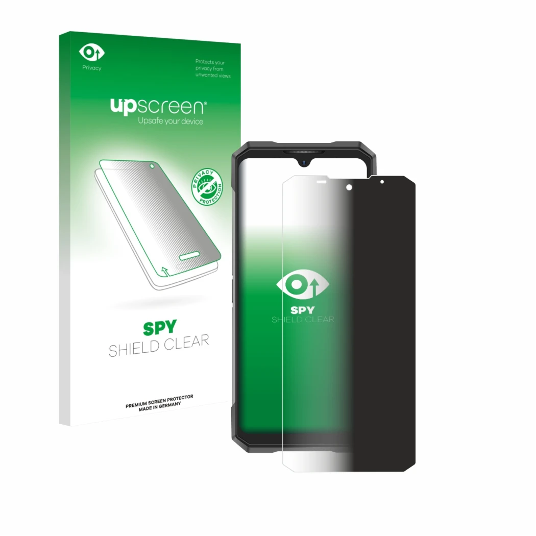 Parte frontal de un envase de producto con el logotipo de la marca upscreen. Al lado se muestra el dispositivo Doogee S200X co