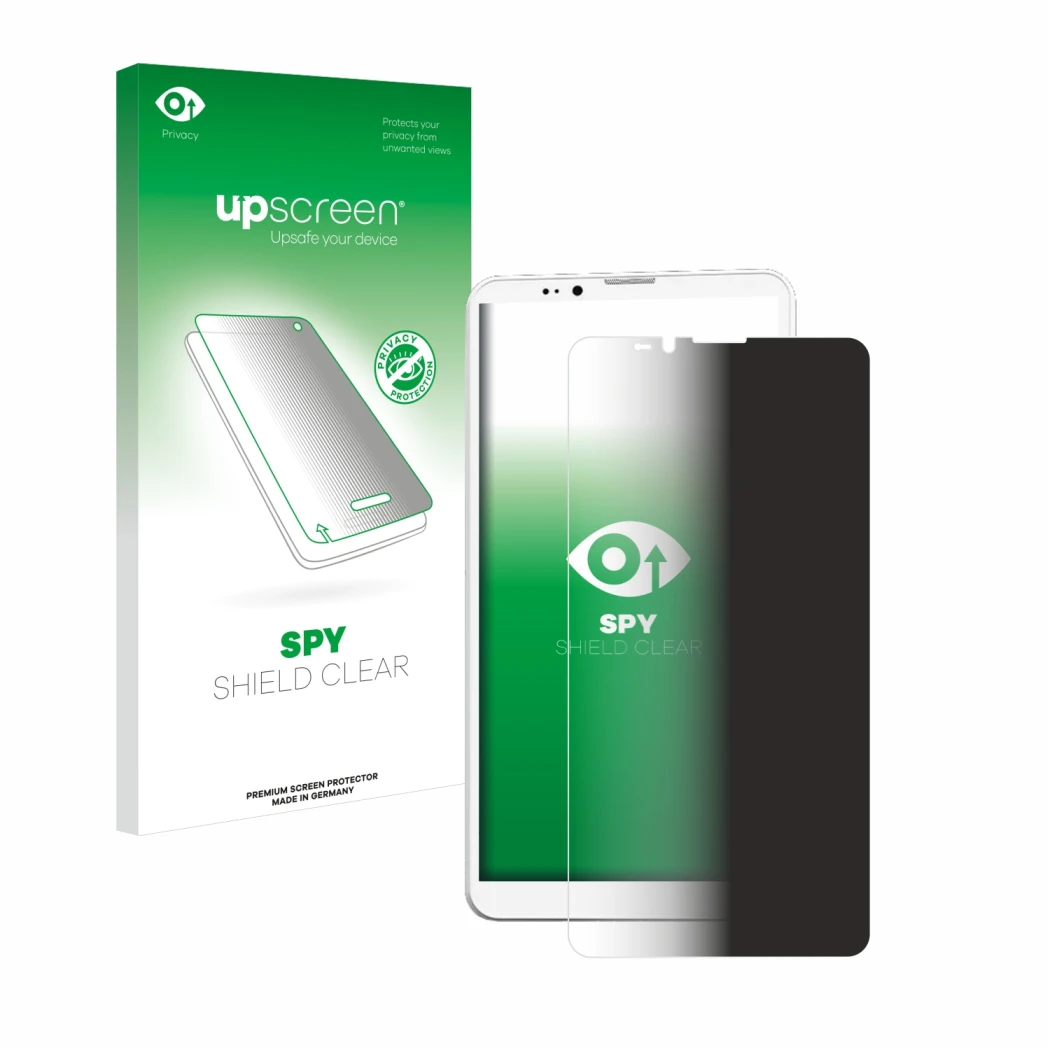 Parte frontal de un envase de producto con el logotipo de la marca upscreen. Al lado se muestra el dispositivo Bigme Hibreak P