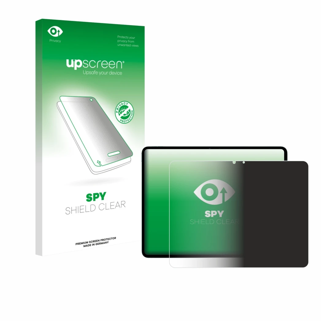 Parte frontal de un envase de producto con el logotipo de la marca upscreen. Al lado se muestra el dispositivo Apple iPad Air 