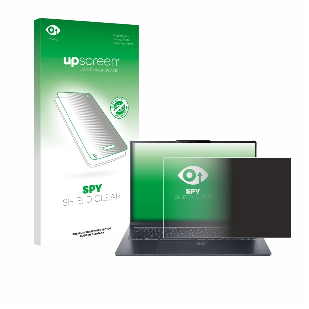 Parte frontal de un envase de producto con el logotipo de la marca upscreen. Al lado se muestra el dispositivo Acer Swift Go 1