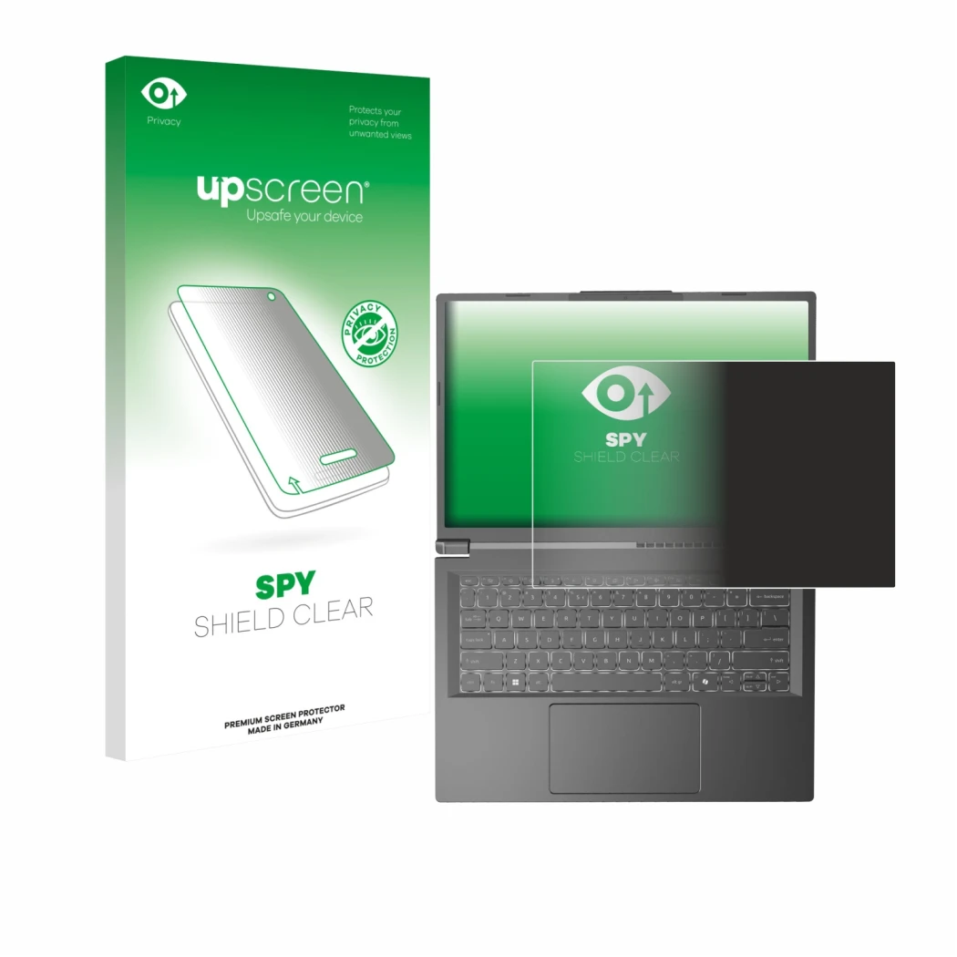 Parte frontal de un envase de producto con el logotipo de la marca upscreen. Al lado se muestra el dispositivo Acer Aspire 14