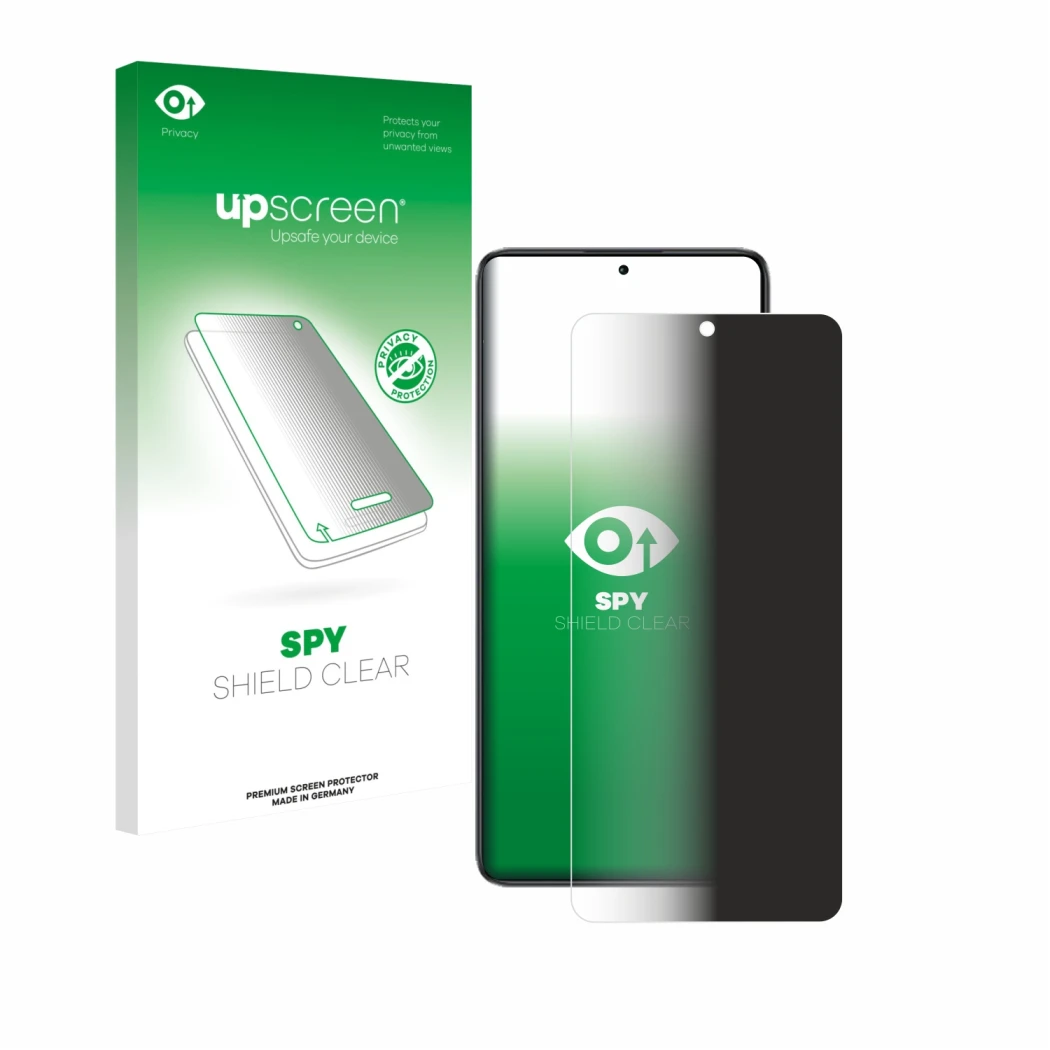 Parte frontal de un envase de producto con el logotipo de la marca upscreen. Al lado se muestra el dispositivo Xiaomi Poco F7 