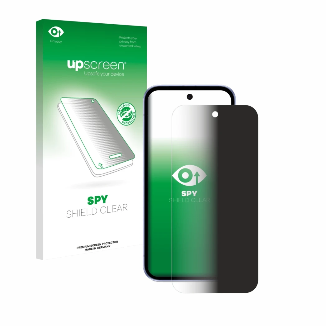 Parte frontal de un envase de producto con el logotipo de la marca upscreen. Al lado se muestra el dispositivo Google Pixel 9a