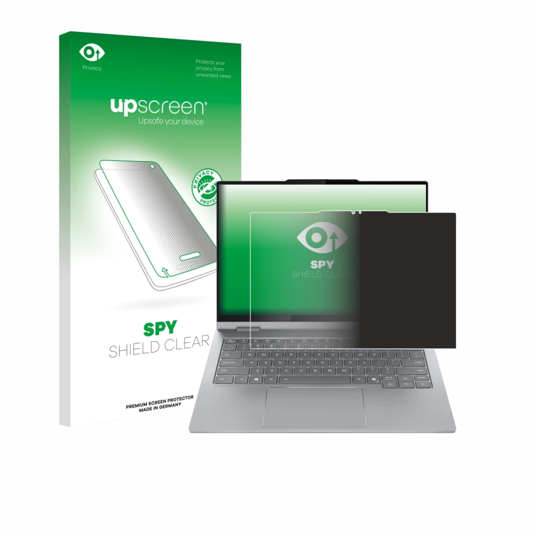 Parte frontal de un envase de producto con el logotipo de la marca upscreen. Al lado se muestra el dispositivo Lenovo ThinkBoo