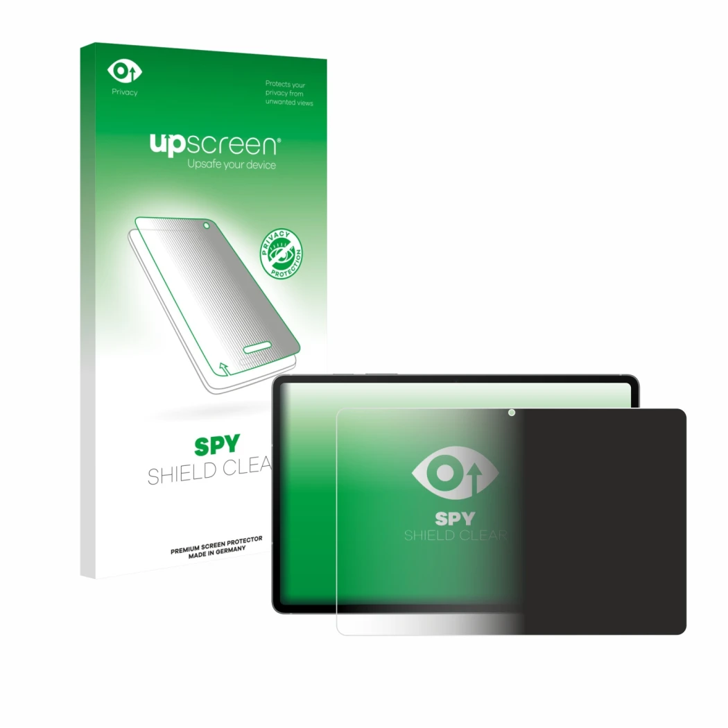 Parte frontal de un envase de producto con el logotipo de la marca upscreen. Al lado se muestra el dispositivo Samsung Galaxy 