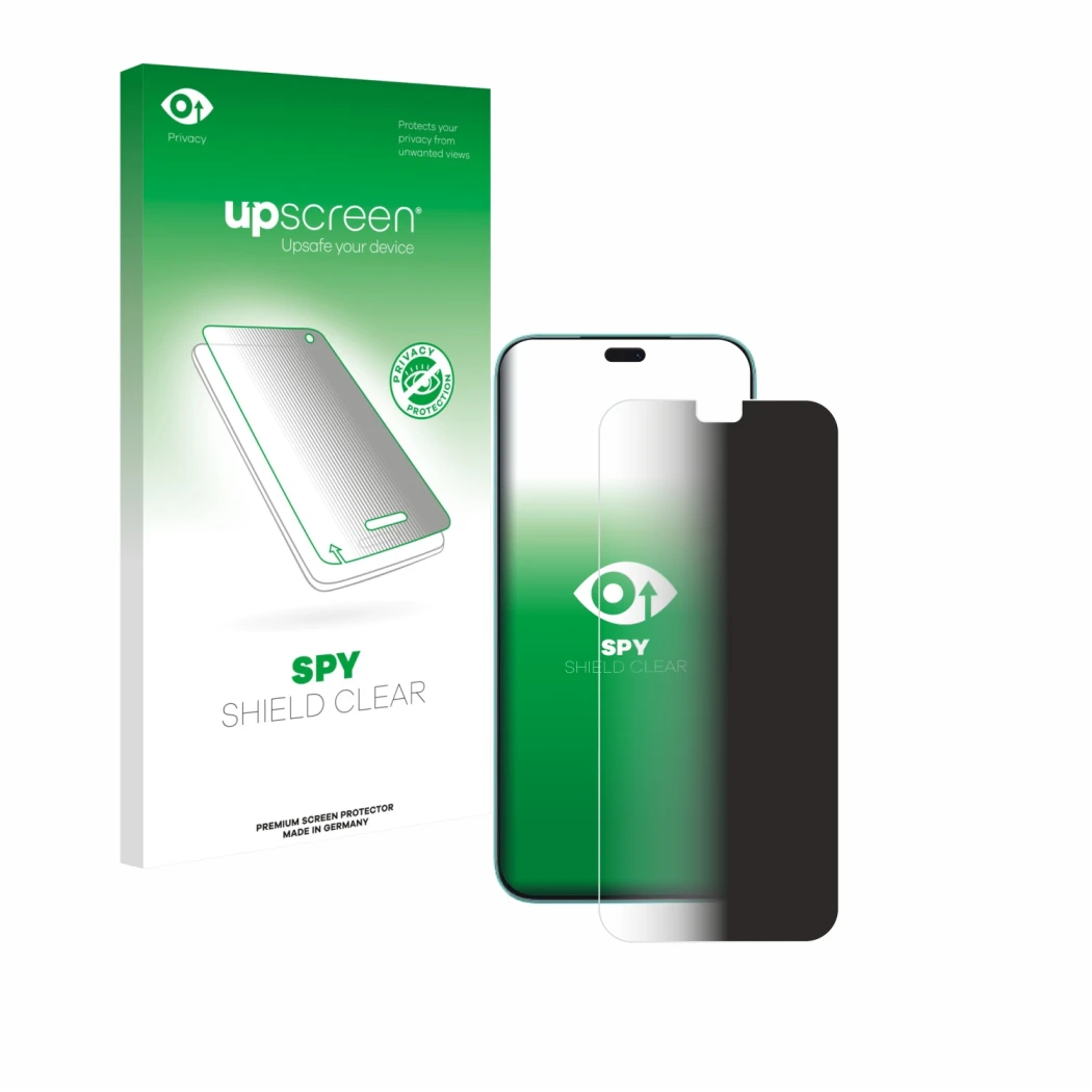 Parte frontal de un envase de producto con el logotipo de la marca upscreen. Al lado se muestra el dispositivo Honor 400 Lite 