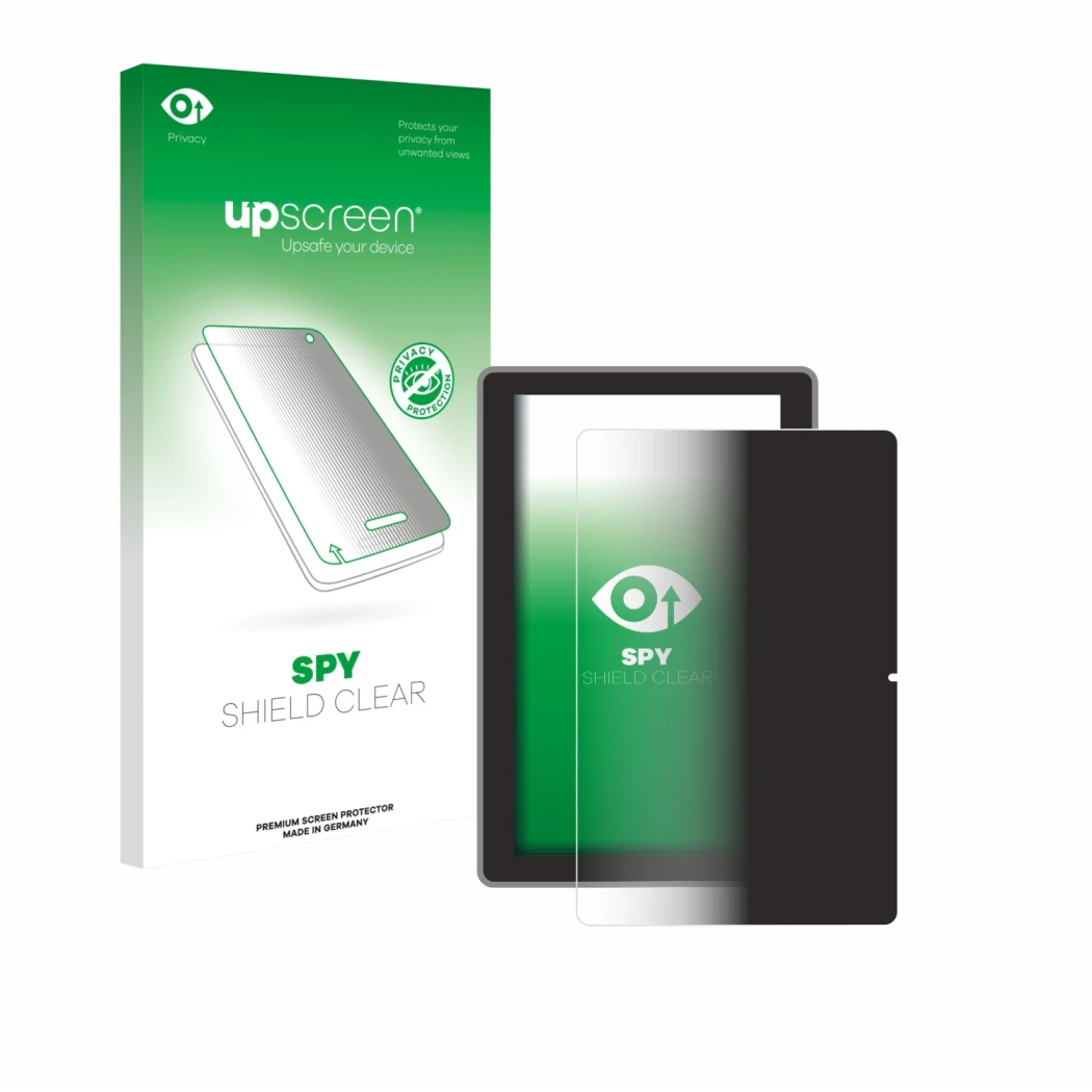 Parte frontal de un envase de producto con el logotipo de la marca upscreen. Al lado se muestra el dispositivo Lenovo Tab TB31