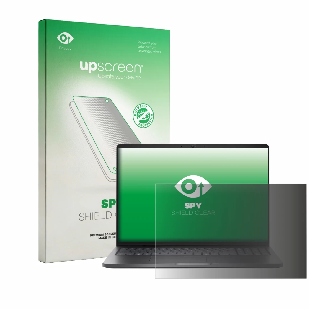 Parte frontal de un envase de producto con el logotipo de la marca upscreen. Al lado se muestra el dispositivo Dell Pro 16 PC1