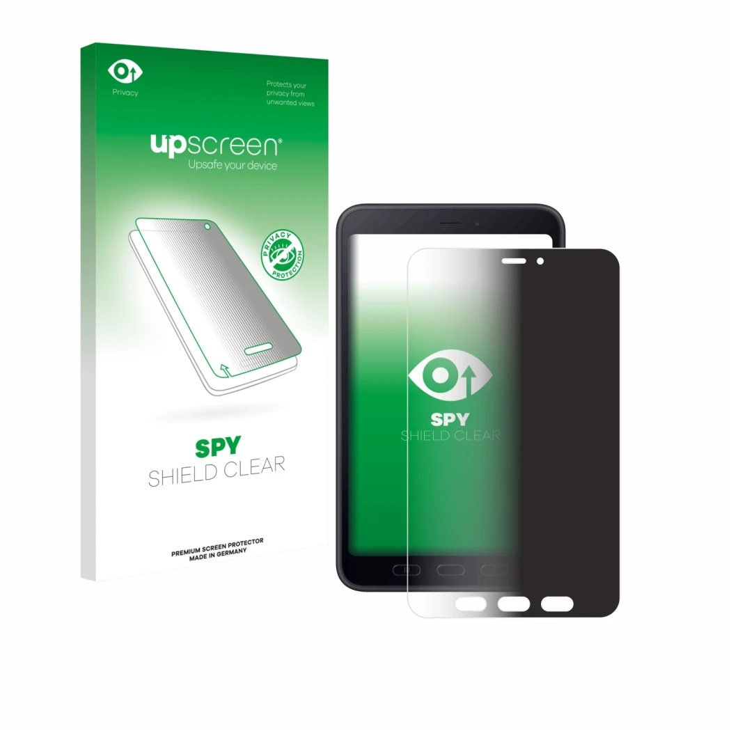 Parte frontal de un envase de producto con el logotipo de la marca upscreen. Al lado se muestra el dispositivo Samsung galaxy 
