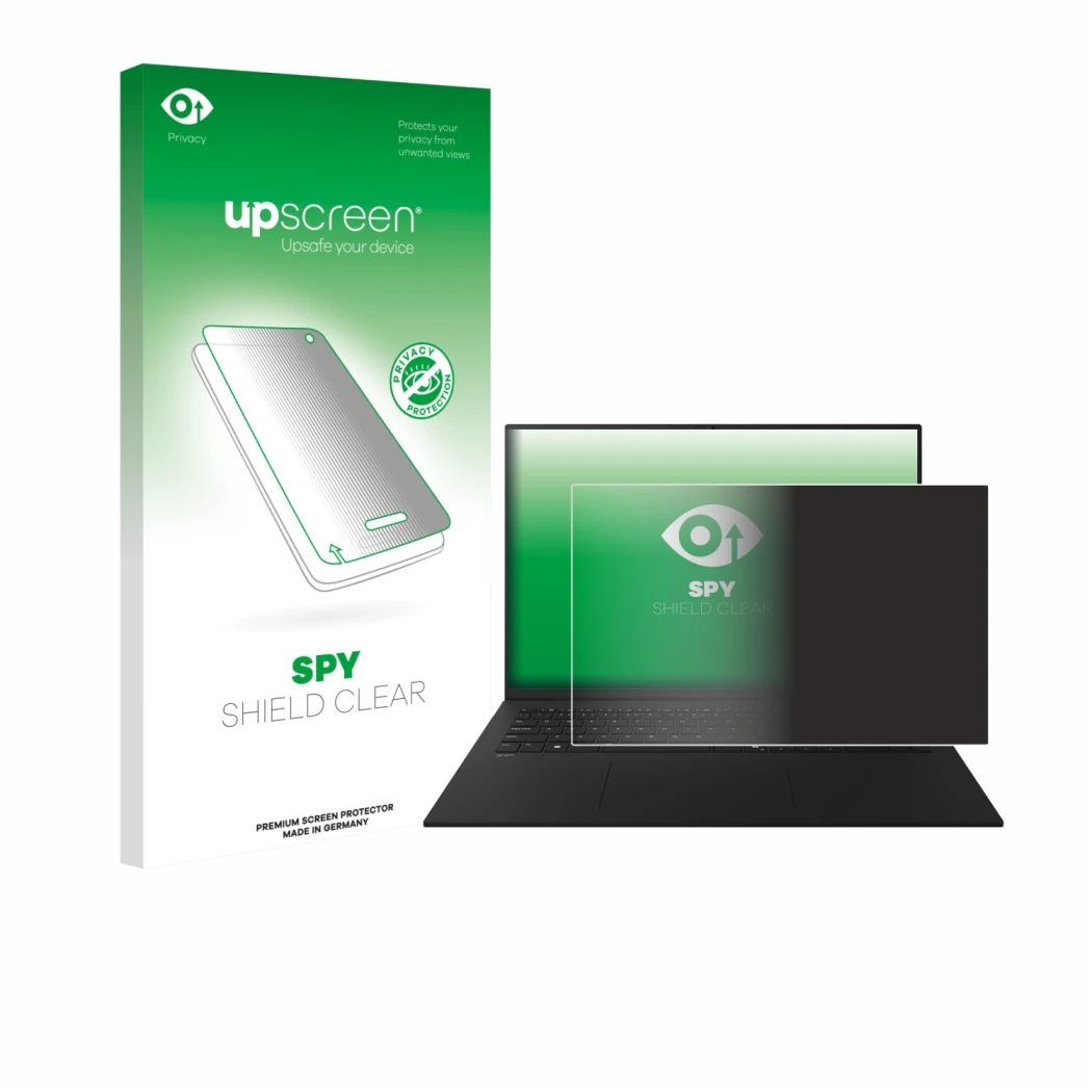 Parte frontal de un envase de producto con el logotipo de la marca upscreen. Al lado se muestra el dispositivo LG gram 17