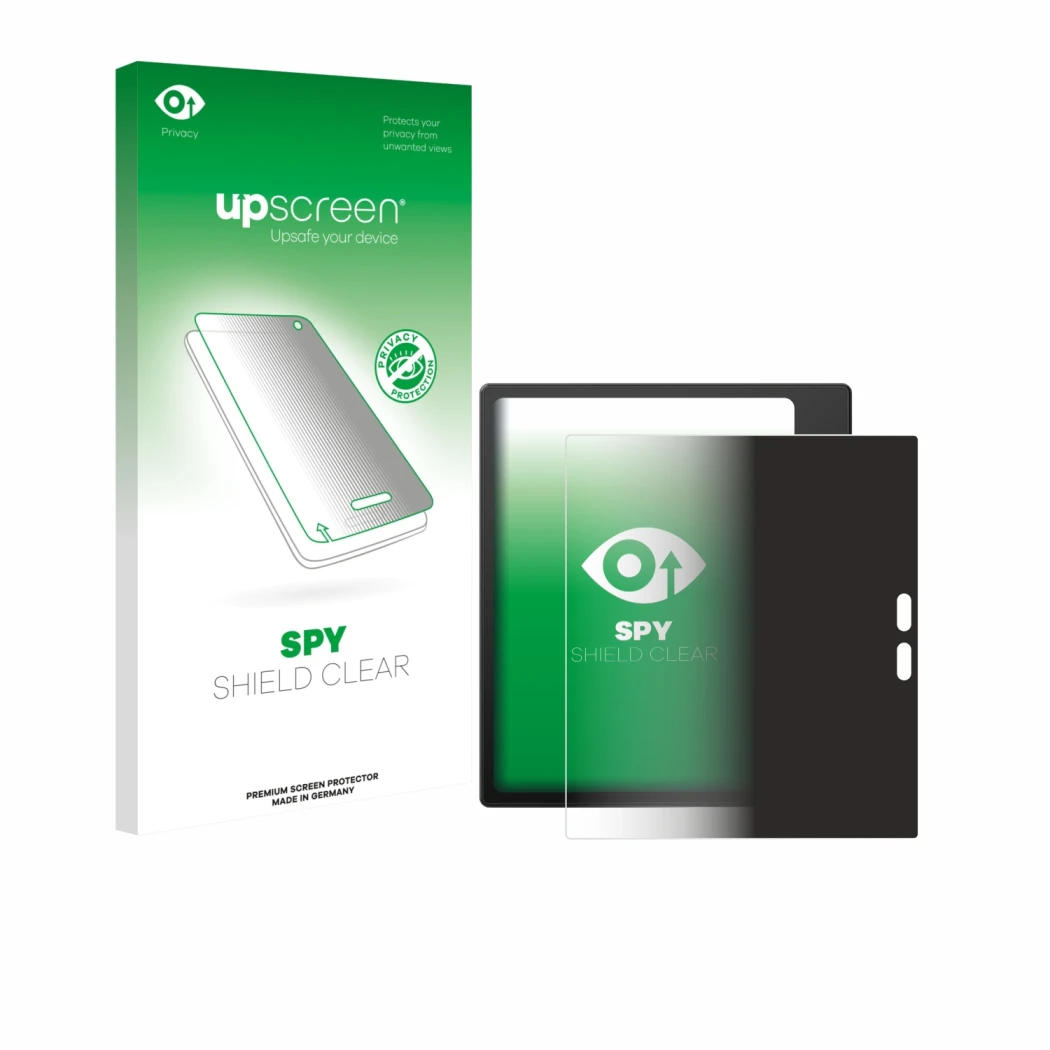 Parte frontal de un envase de producto con el logotipo de la marca upscreen. Al lado se muestra el dispositivo Boox Go 7 con s