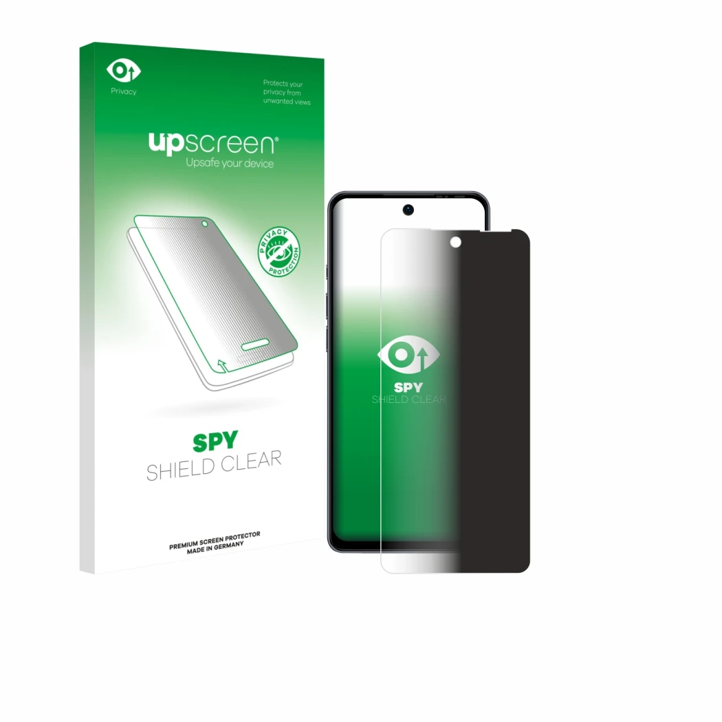 Parte frontal de un envase de producto con el logotipo de la marca upscreen. Al lado se muestra el dispositivo Ulefone Note 18