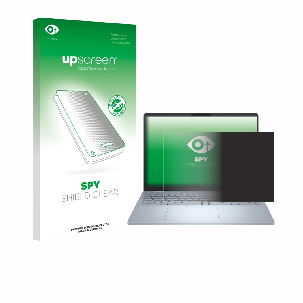 Parte frontal de un envase de producto con el logotipo de la marca upscreen. Al lado se muestra el dispositivo Dell 16 Plus La