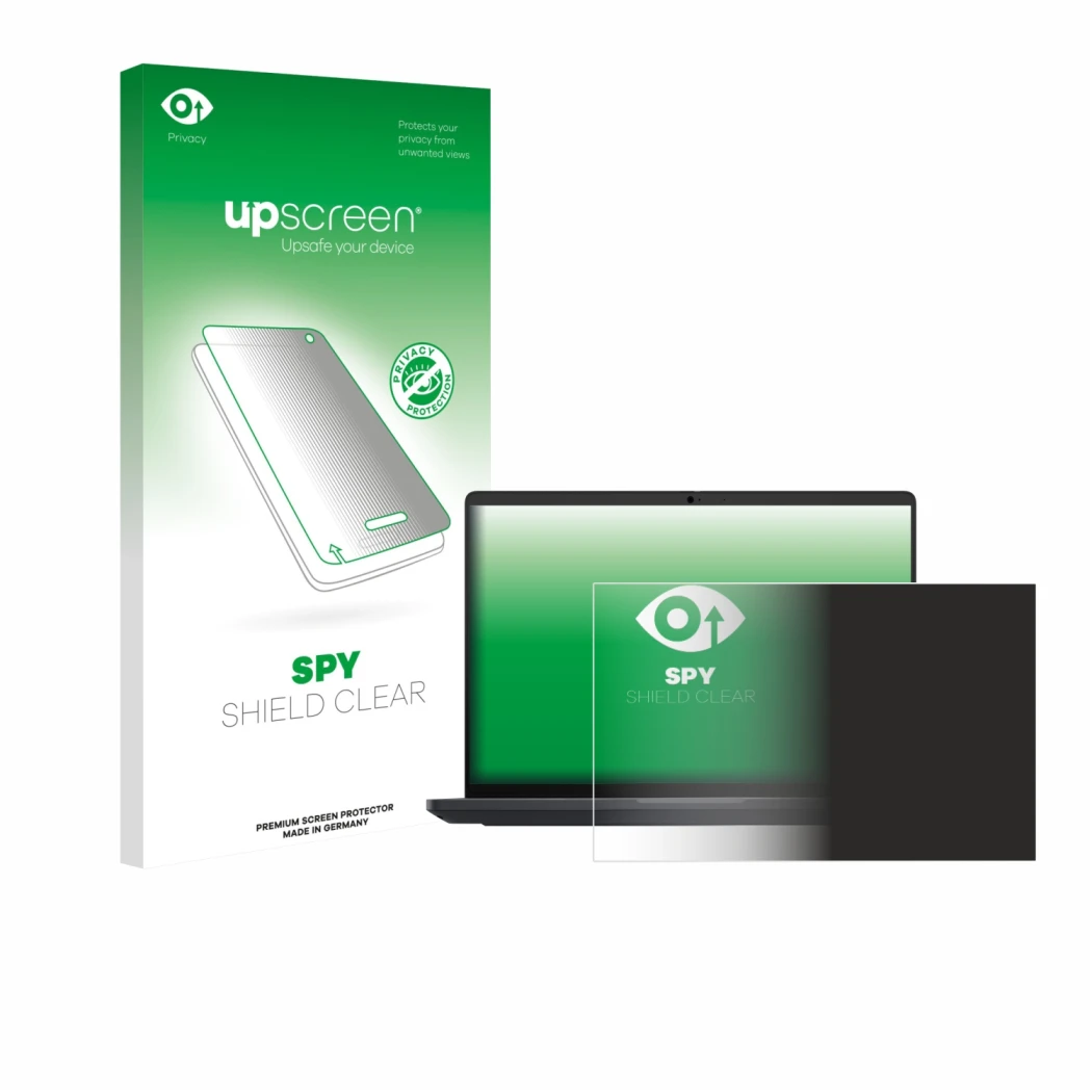 Parte frontal de un envase de producto con el logotipo de la marca upscreen. Al lado se muestra el dispositivo Dell Pro Max 16