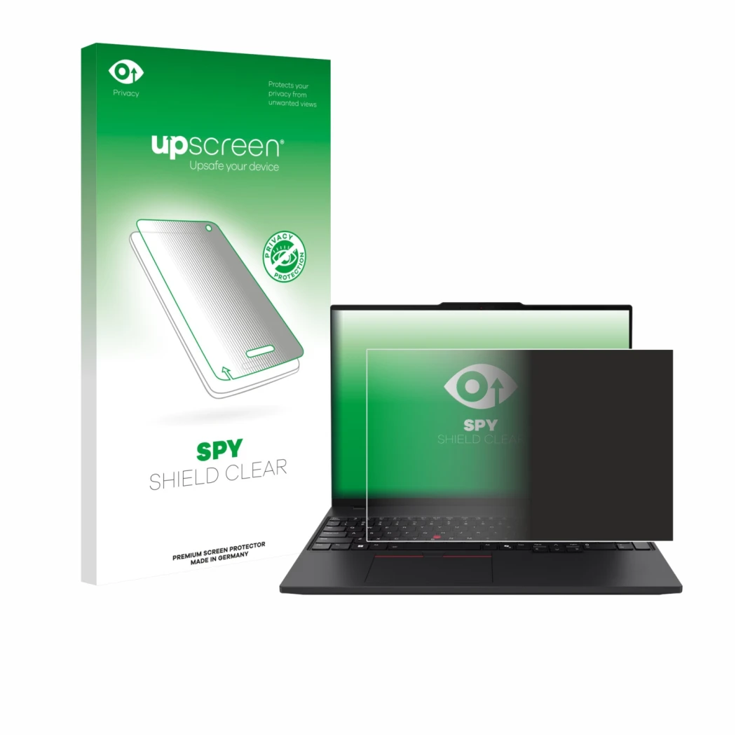 Parte frontal de un envase de producto con el logotipo de la marca upscreen. Al lado se muestra el dispositivo Lenovo ThinkPad