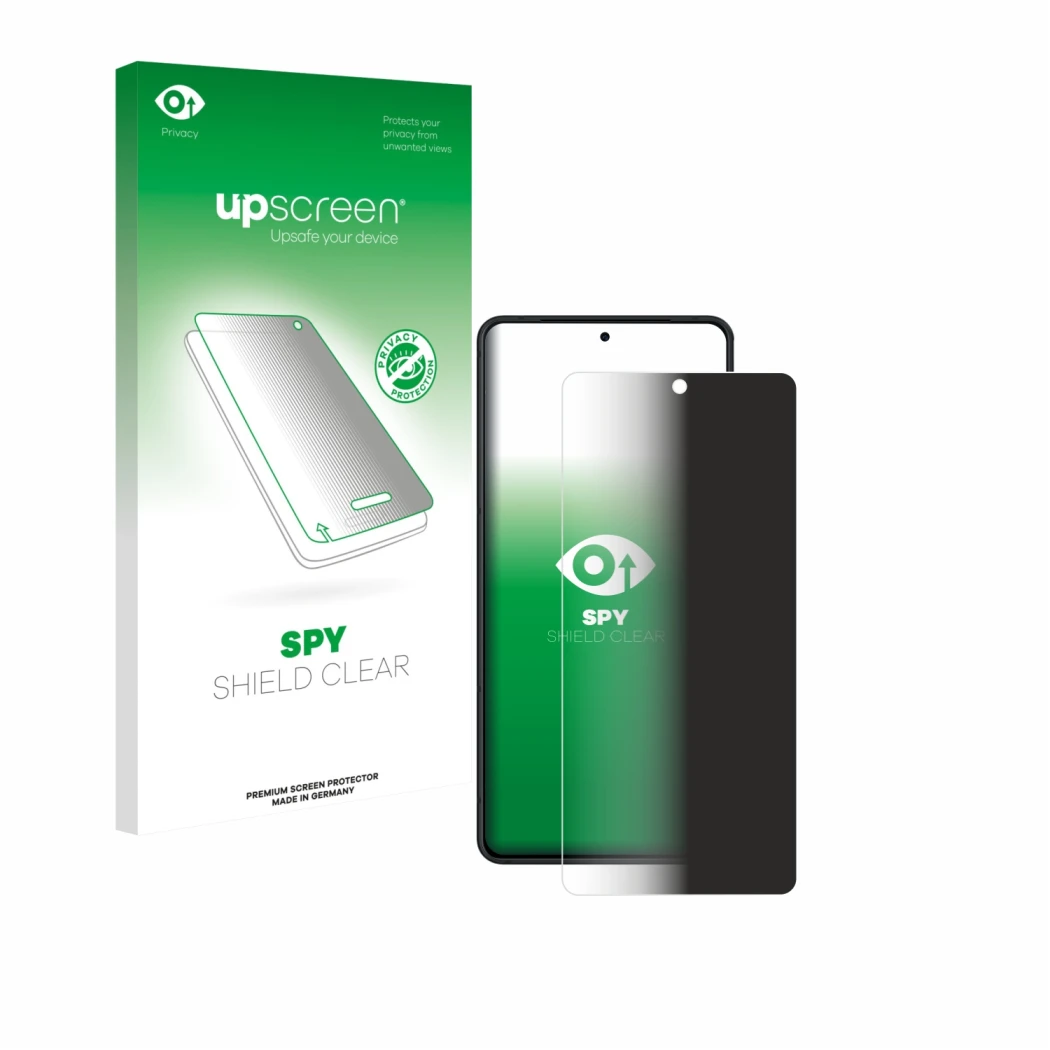 Parte frontal de un envase de producto con el logotipo de la marca upscreen. Al lado se muestra el dispositivo ASUS ROG Phone 