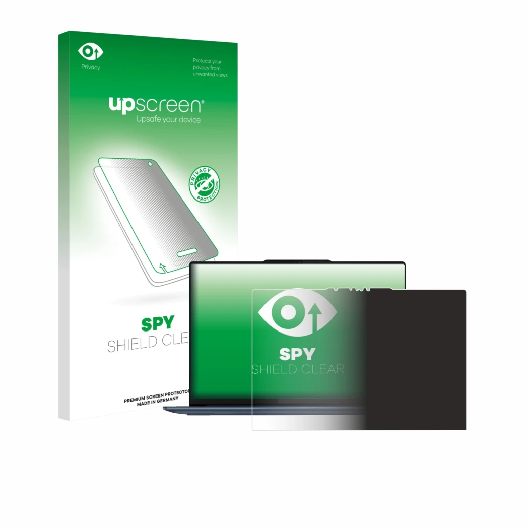 Parte frontal de un envase de producto con el logotipo de la marca upscreen. Al lado se muestra el dispositivo Lenovo Yoga Sli