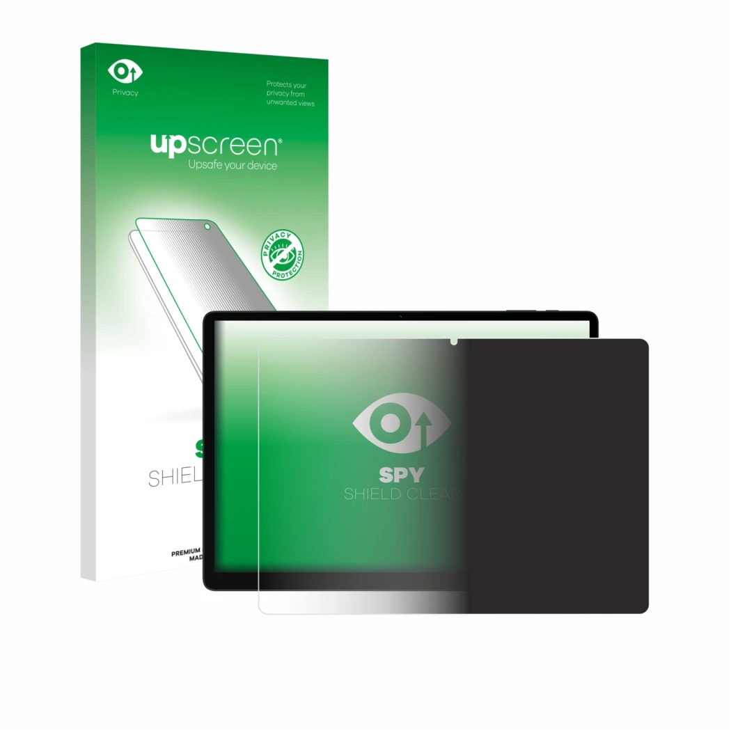 Parte frontal de un envase de producto con el logotipo de la marca upscreen. Al lado se muestra el dispositivo Doogee Tab E3 M