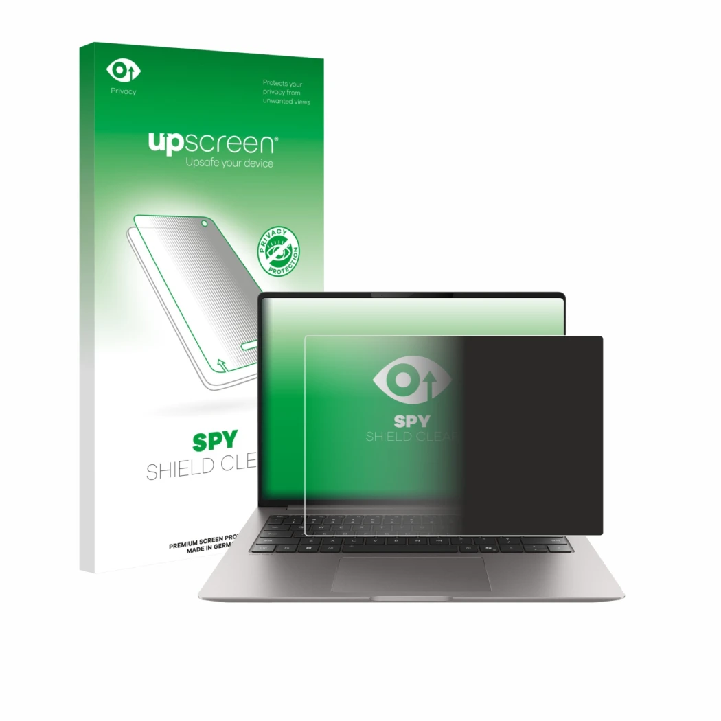 Parte frontal de un envase de producto con el logotipo de la marca upscreen. Al lado se muestra el dispositivo Honor MagicBook