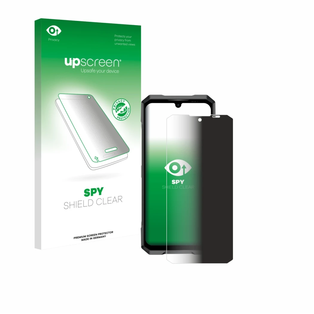 Parte frontal de un envase de producto con el logotipo de la marca upscreen. Al lado se muestra el dispositivo Doogee Blade GT