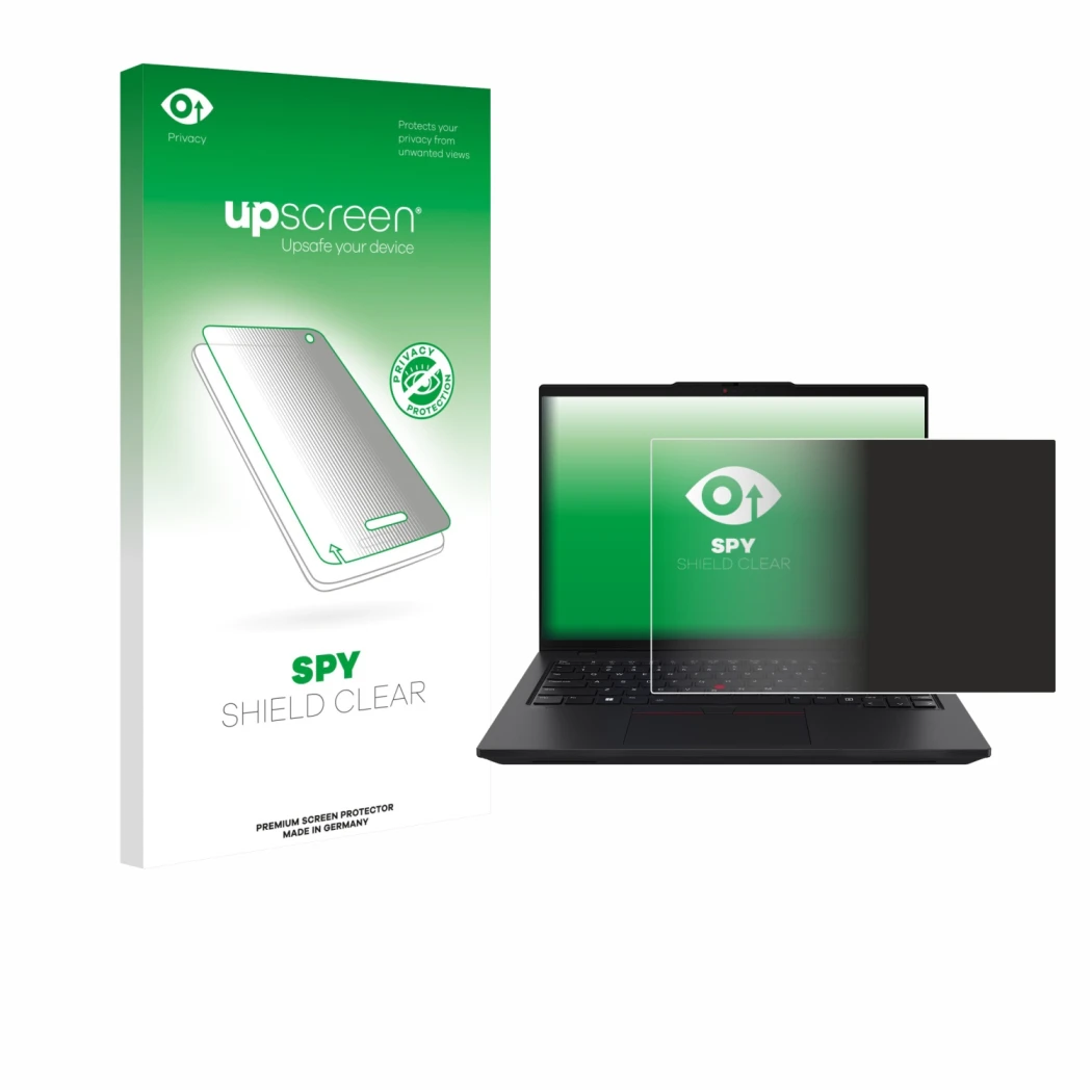 Parte frontal de un envase de producto con el logotipo de la marca upscreen. Al lado se muestra el dispositivo Lenovo ThinkPad