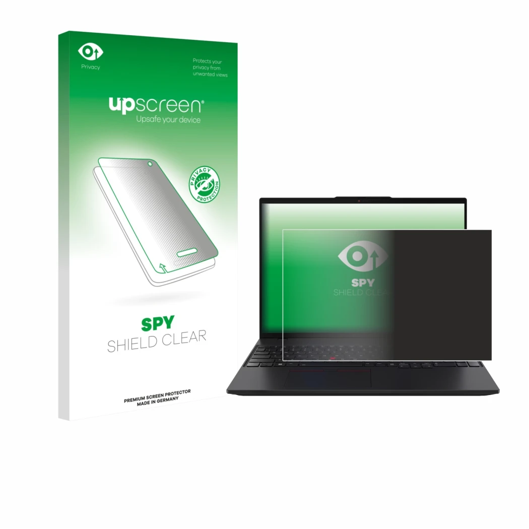 Parte frontal de un envase de producto con el logotipo de la marca upscreen. Al lado se muestra el dispositivo Lenovo ThinkPad