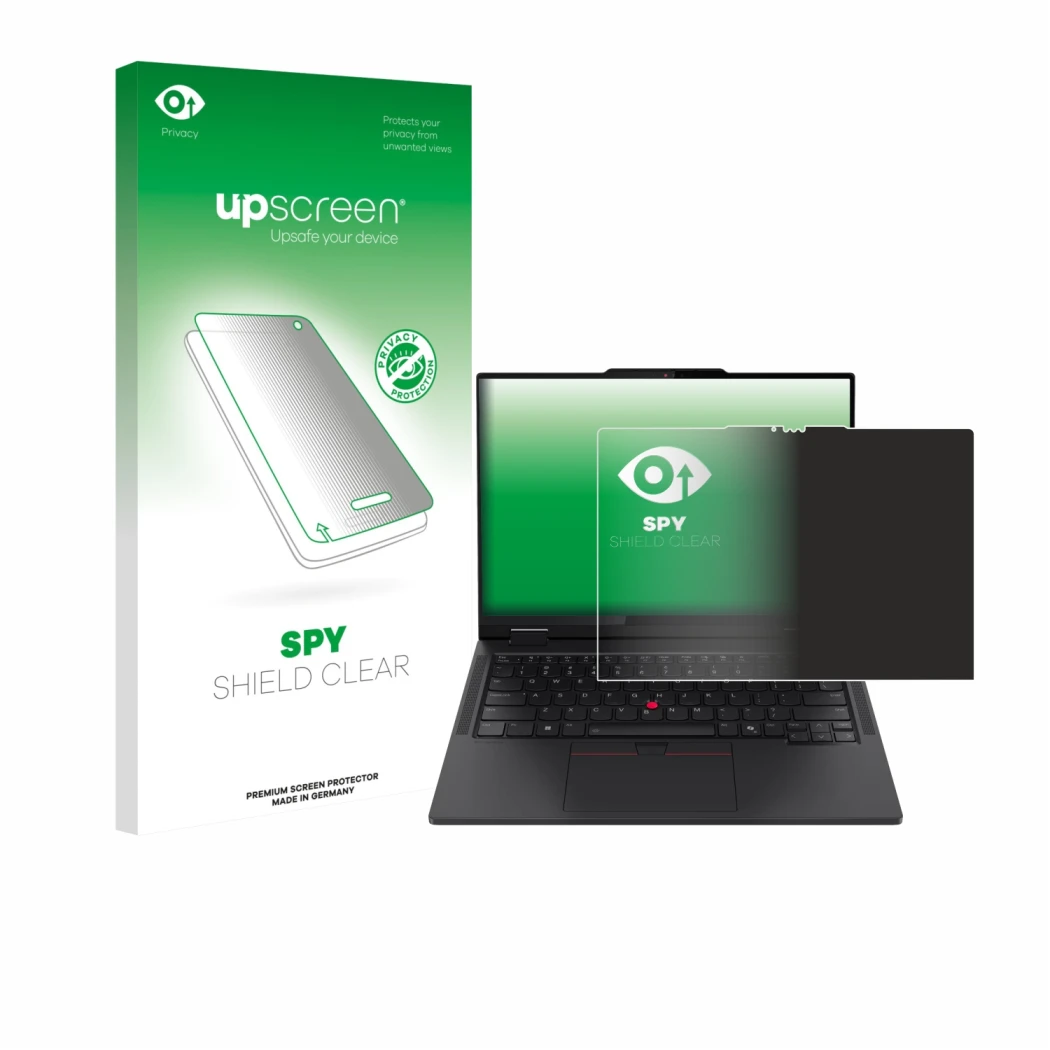 Parte frontal de un envase de producto con el logotipo de la marca upscreen. Al lado se muestra el dispositivo Lenovo ThinkPad