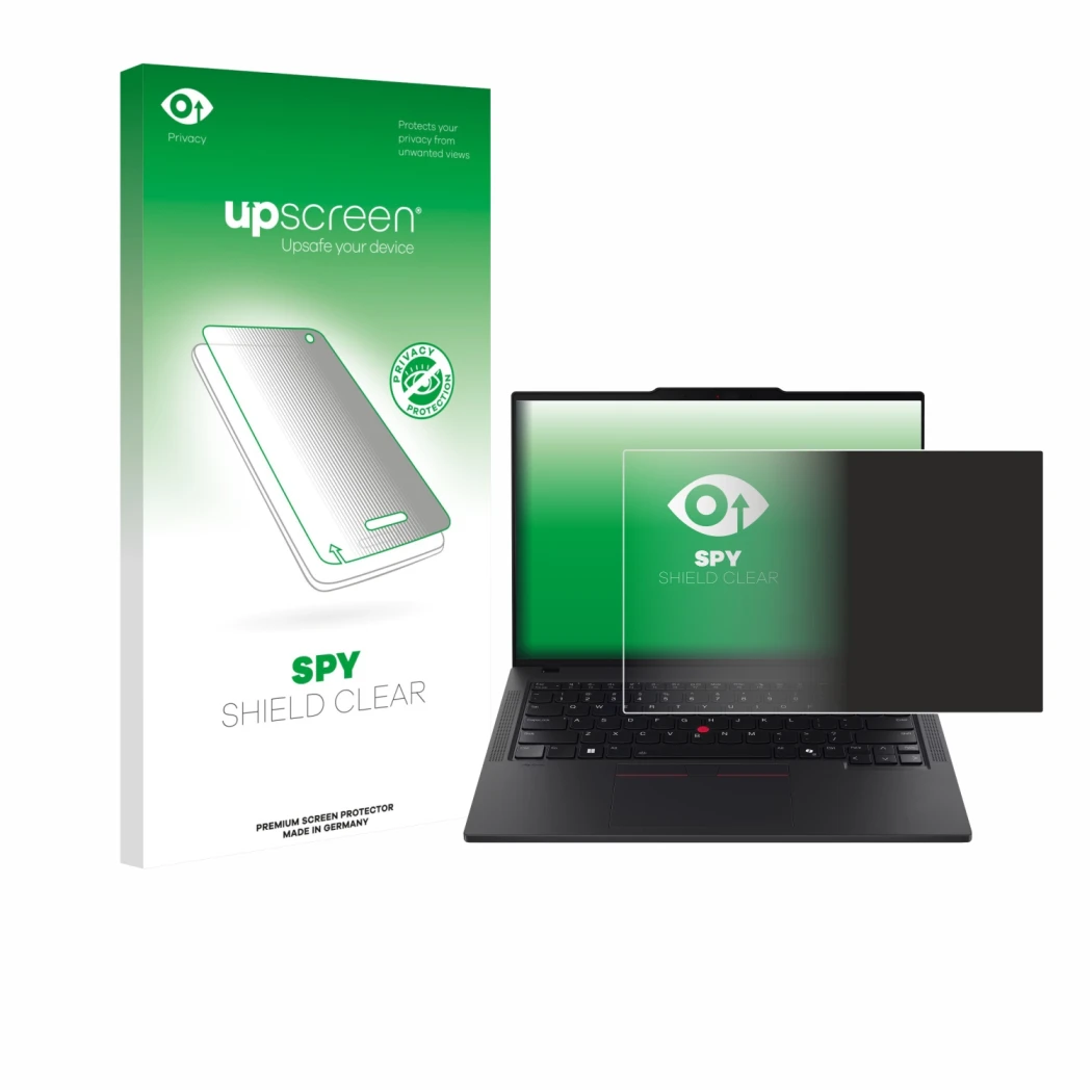 Parte frontal de un envase de producto con el logotipo de la marca upscreen. Al lado se muestra el dispositivo Lenovo ThinkPad