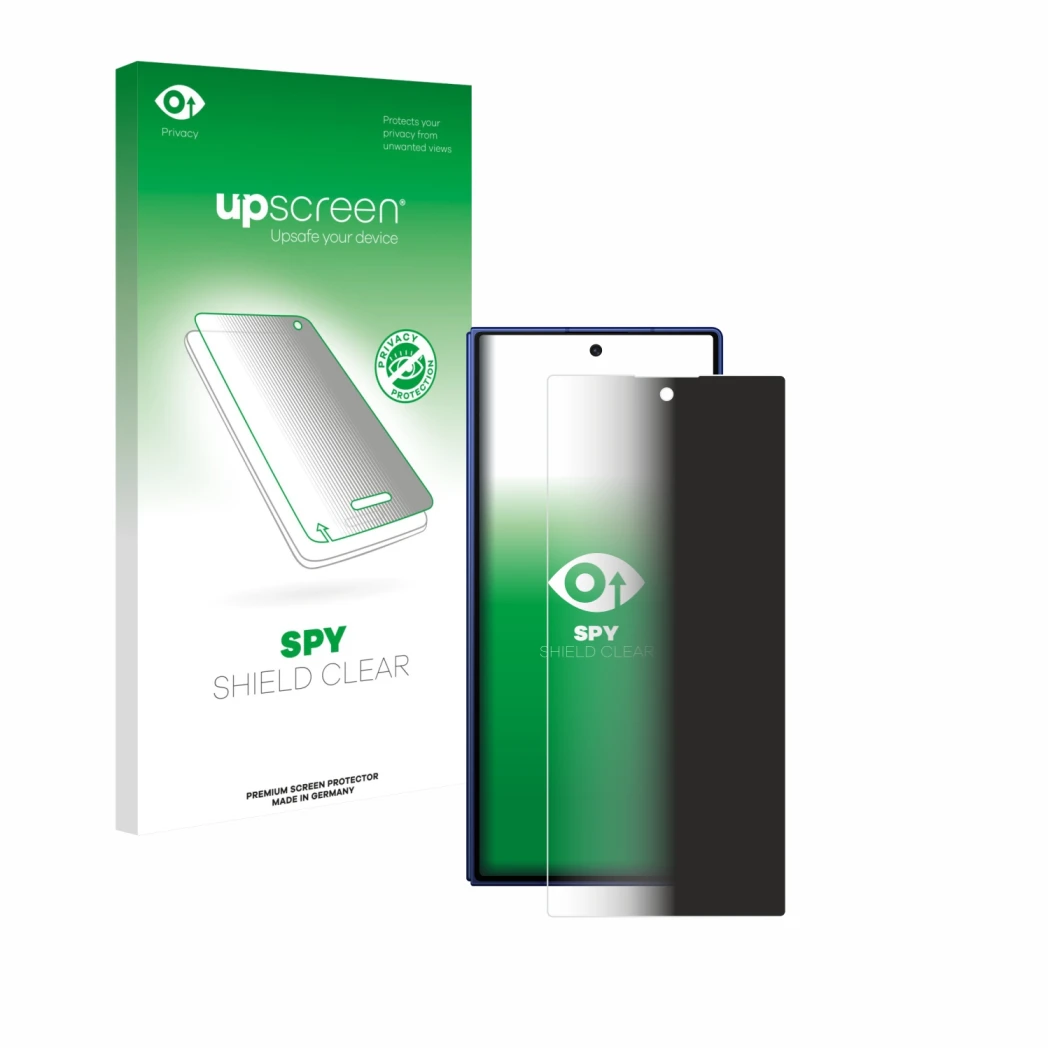 Parte frontal de un envase de producto con el logotipo de la marca upscreen. Al lado se muestra el dispositivo Samsung Galaxy 
