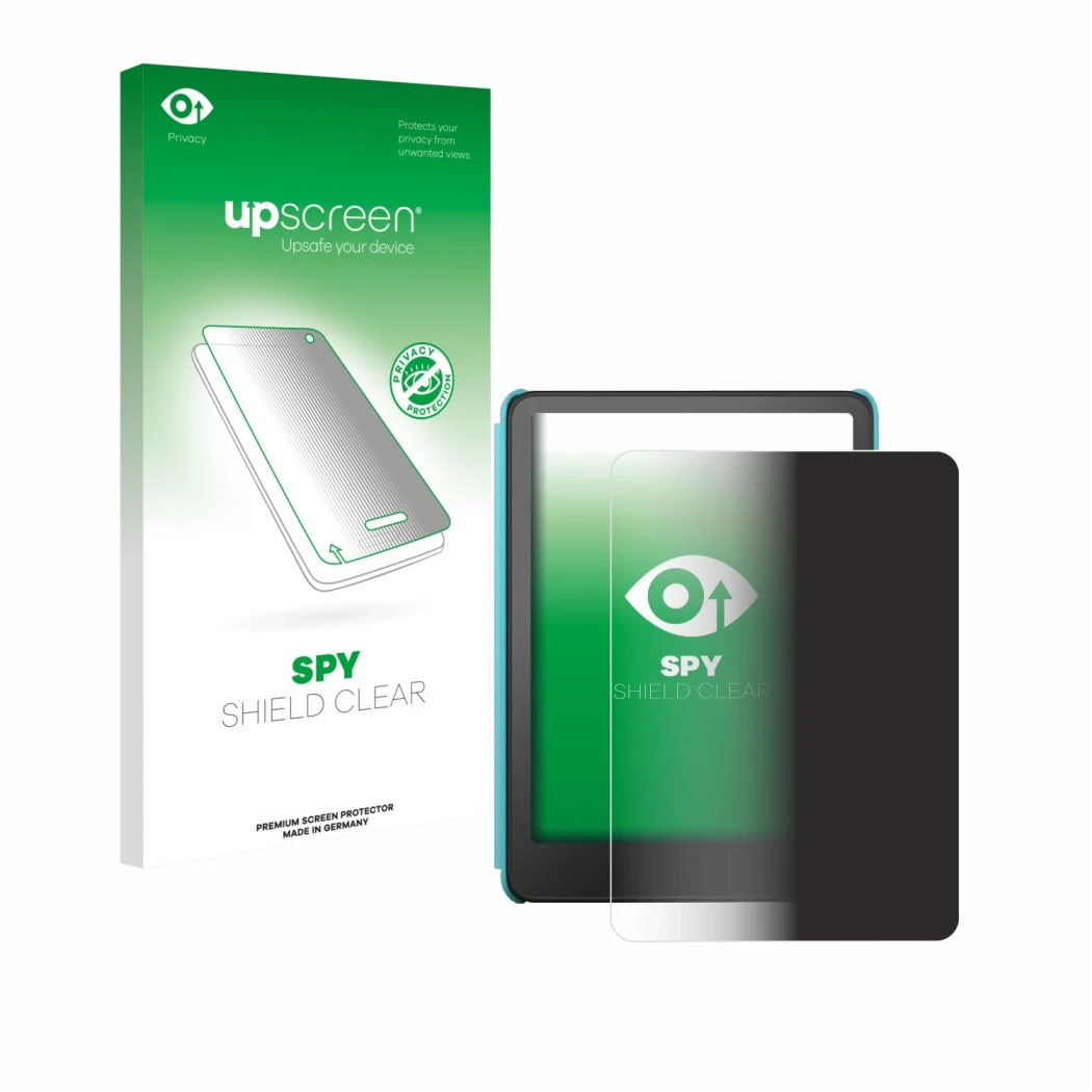 Parte frontal de un envase de producto con el logotipo de la marca upscreen. Al lado se muestra el dispositivo Amazon Kindle C