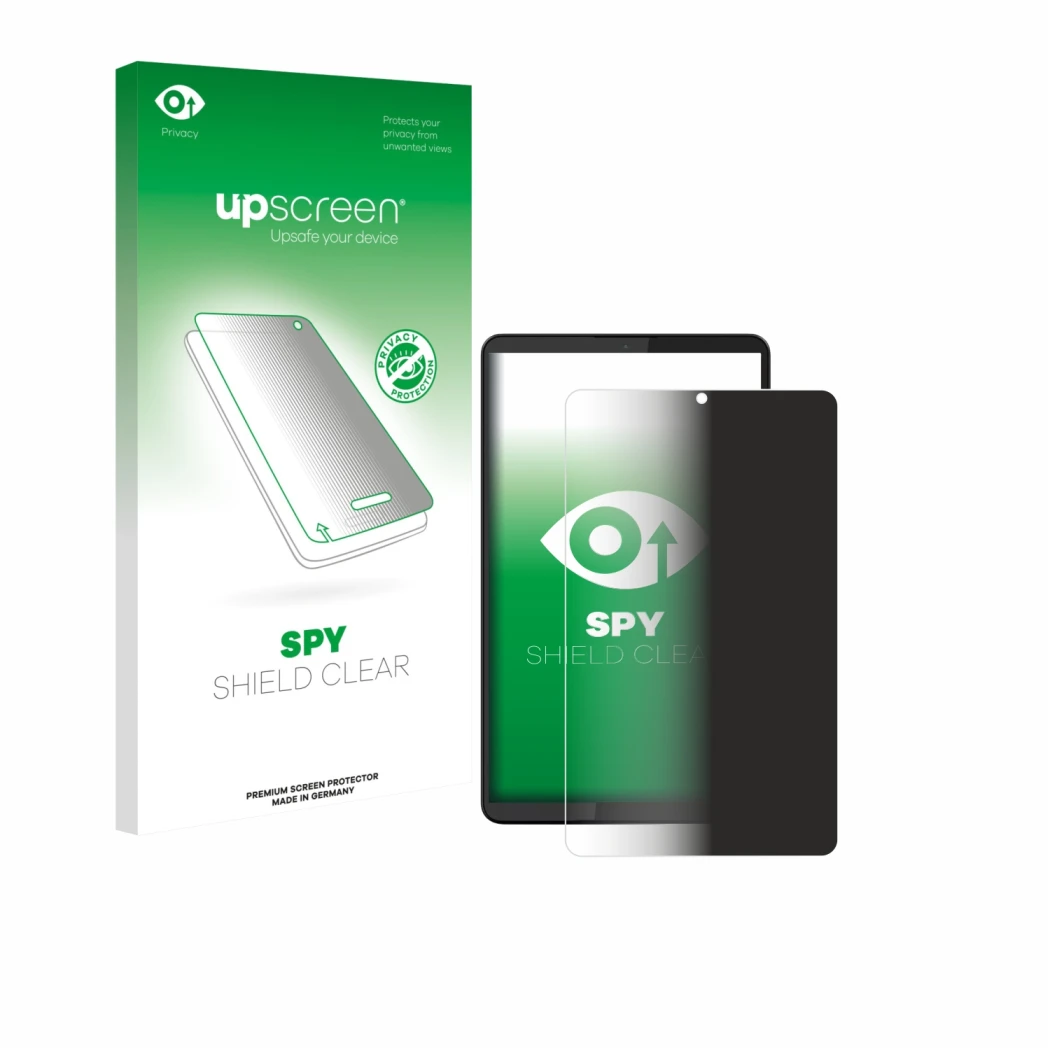 Parte frontal de un envase de producto con el logotipo de la marca upscreen. Al lado se muestra el dispositivo Lenovo Tab One