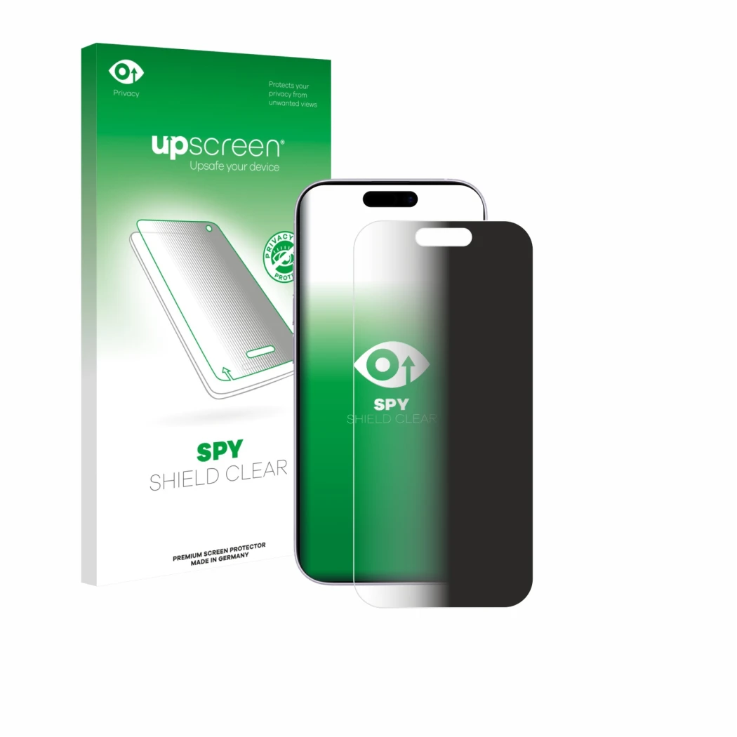 Parte frontal de un envase de producto con el logotipo de la marca upscreen. Al lado se muestra el dispositivo Apple iPhone 17