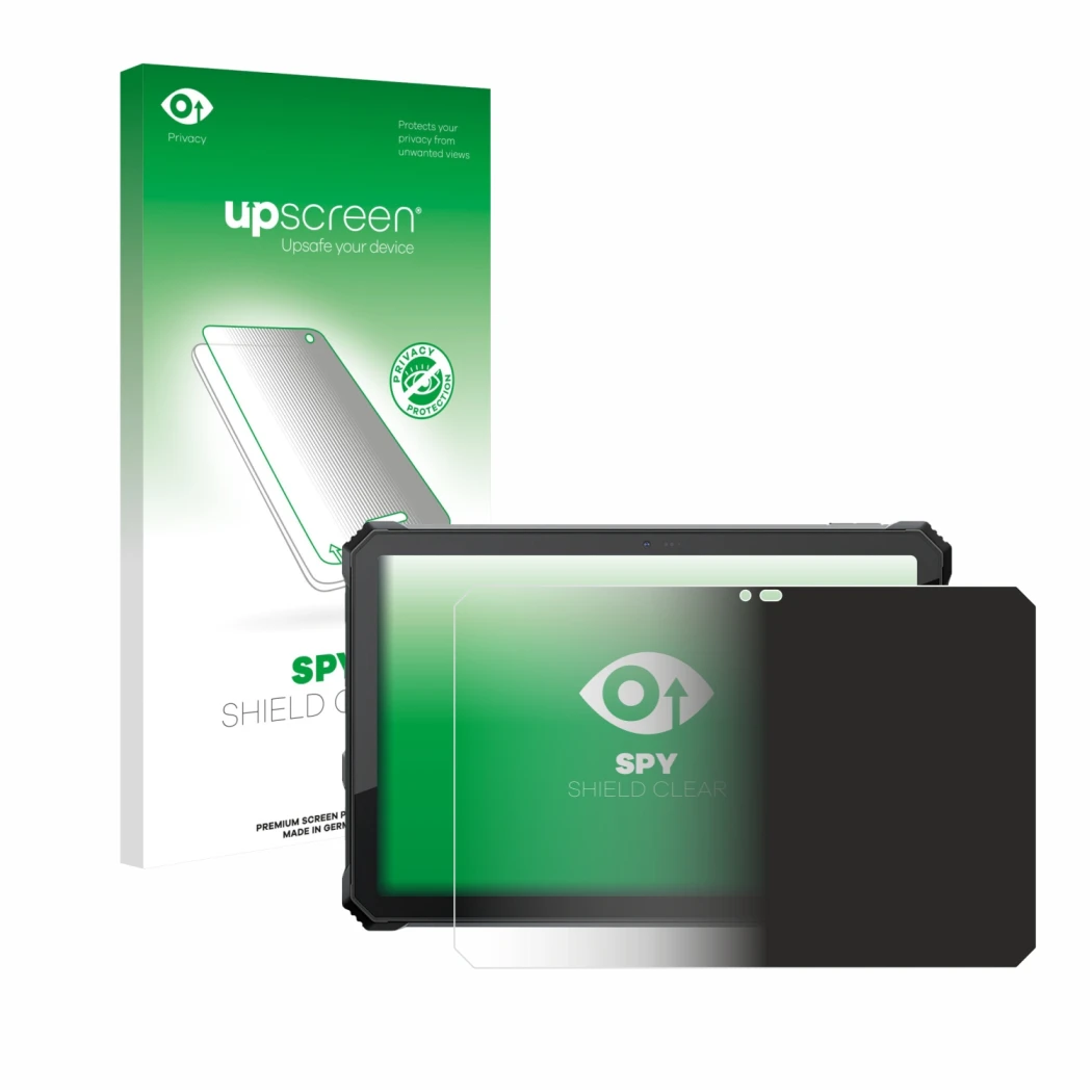 Parte frontal de un envase de producto con el logotipo de la marca upscreen. Al lado se muestra el dispositivo Blackview Activ