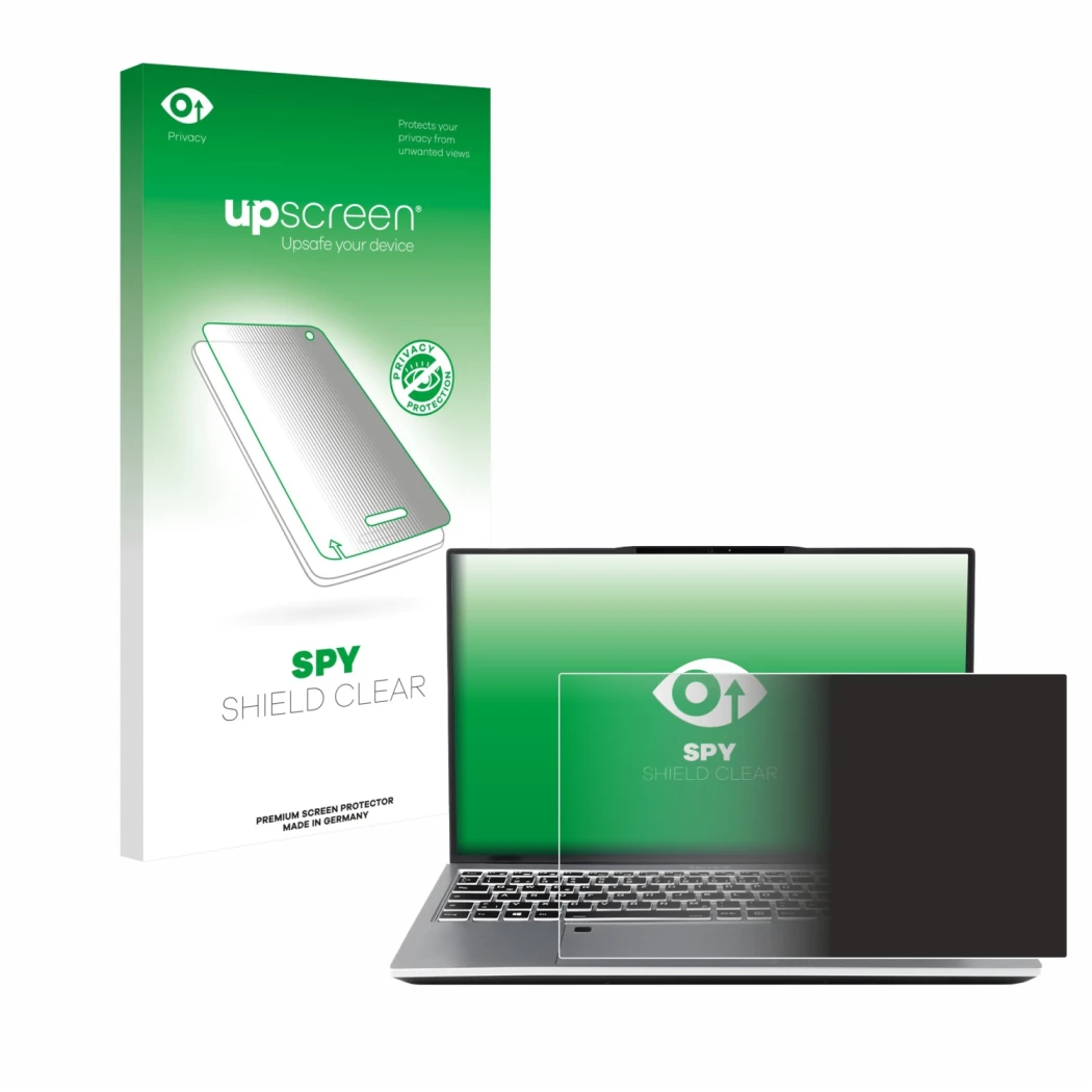 Parte frontal de un envase de producto con el logotipo de la marca upscreen. Al lado se muestra el dispositivo terra Mobile 15