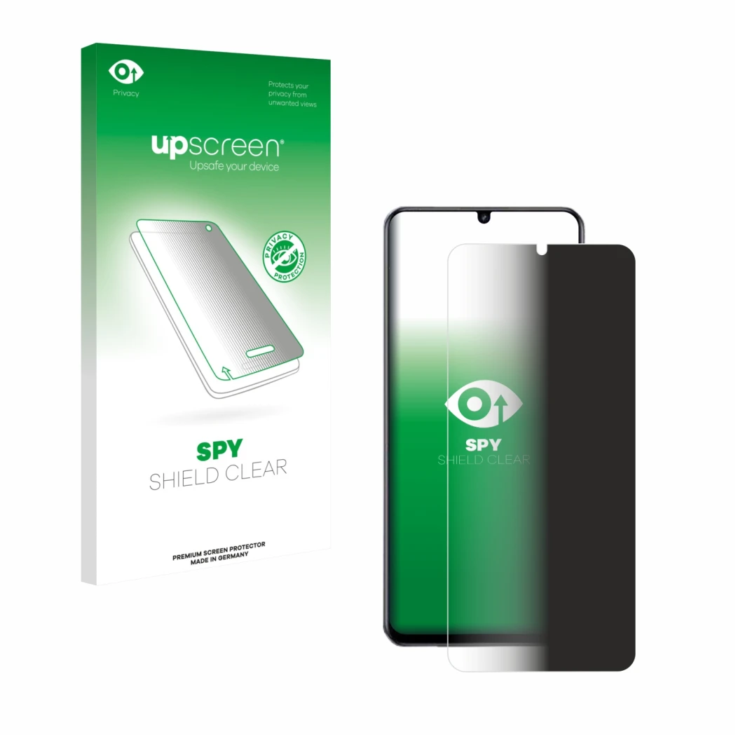 Parte frontal de un envase de producto con el logotipo de la marca upscreen. Al lado se muestra el dispositivo realme Note 70T