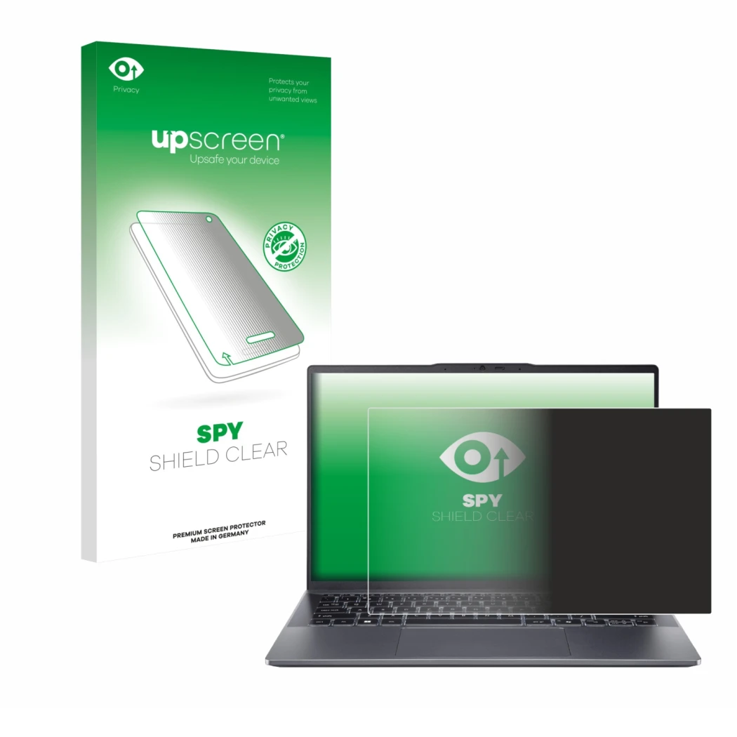 Parte frontal de un envase de producto con el logotipo de la marca upscreen. Al lado se muestra el dispositivo Acer Swift Go 1
