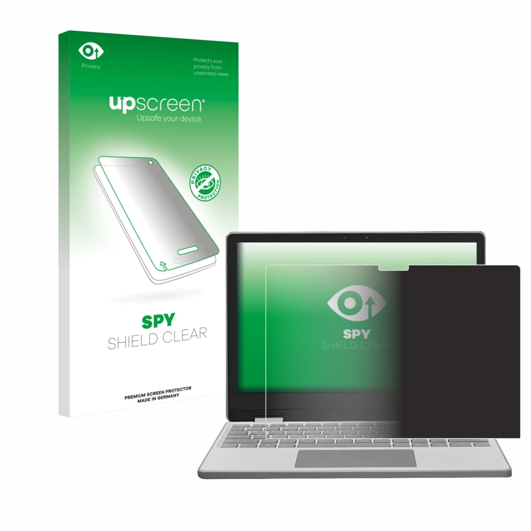 Parte frontal de un envase de producto con el logotipo de la marca upscreen. Al lado se muestra el dispositivo Framework Lapto