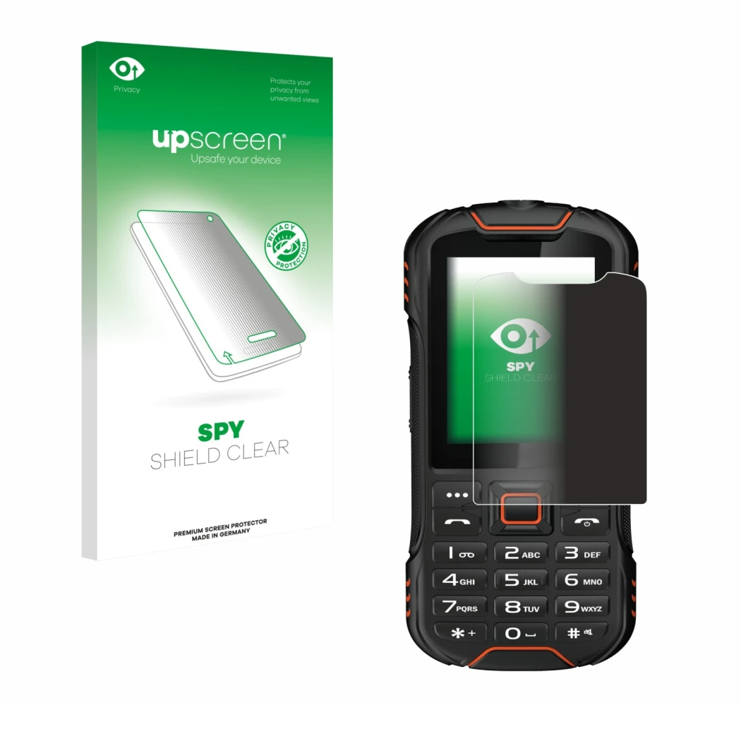 Parte frontal de un envase de producto con el logotipo de la marca upscreen. Al lado se muestra el dispositivo Gigaset GLX8 co