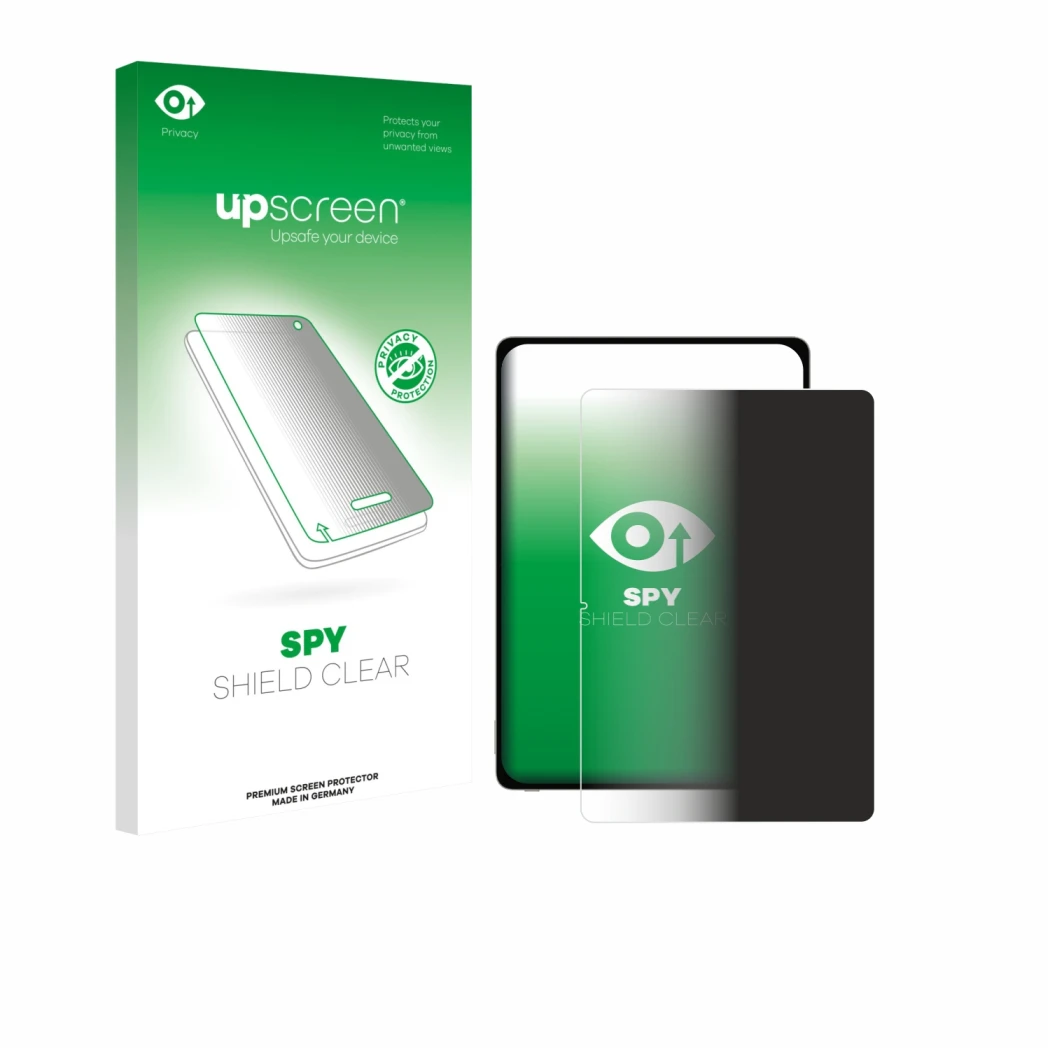 Parte frontal de un envase de producto con el logotipo de la marca upscreen. Al lado se muestra el dispositivo Honor Magicpad 
