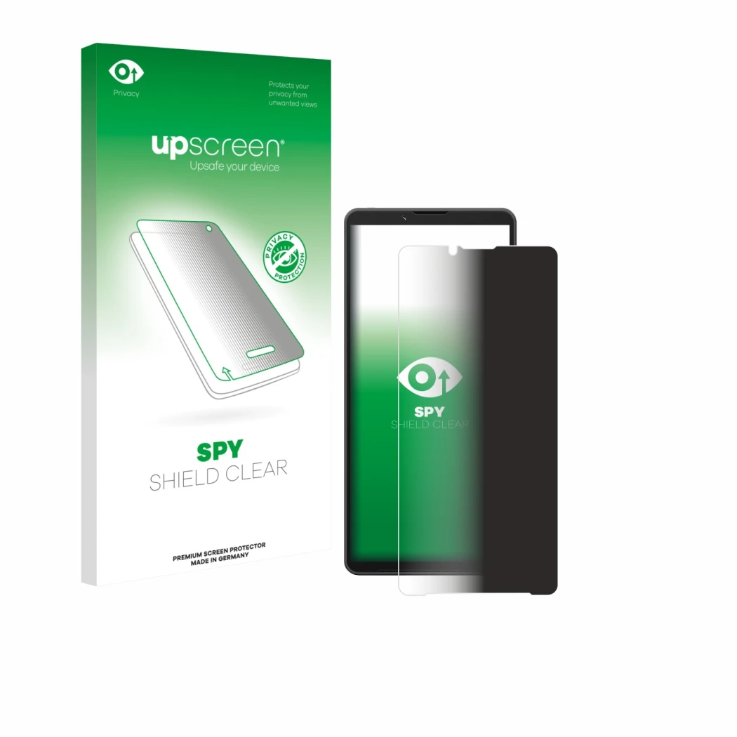 Parte frontal de un envase de producto con el logotipo de la marca upscreen. Al lado se muestra el dispositivo Sony Xperia 10