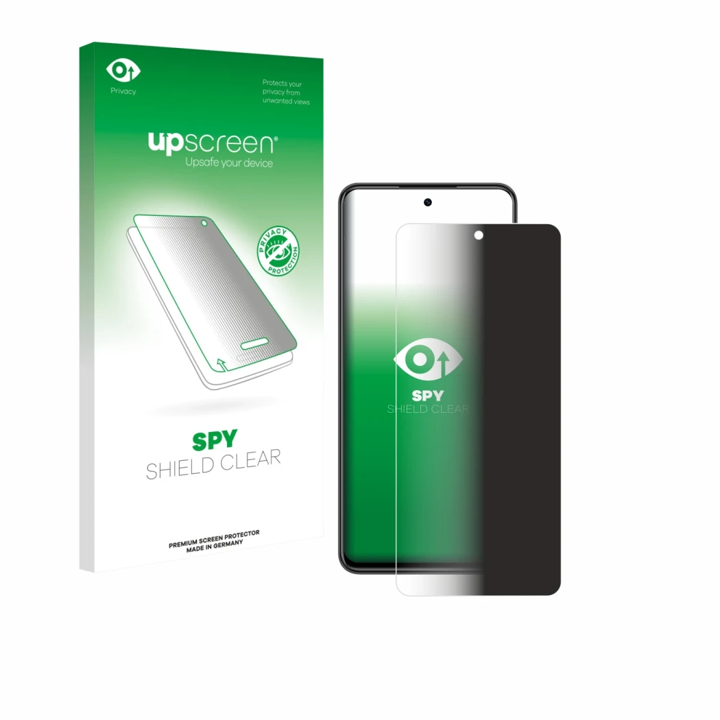 Parte frontal de un envase de producto con el logotipo de la marca upscreen. Al lado se muestra el dispositivo Nubia Focus con