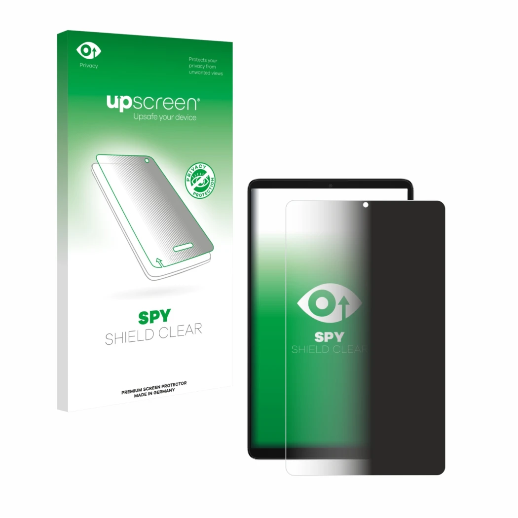 Parte frontal de un envase de producto con el logotipo de la marca upscreen. Al lado se muestra el dispositivo Samsung Galaxy 
