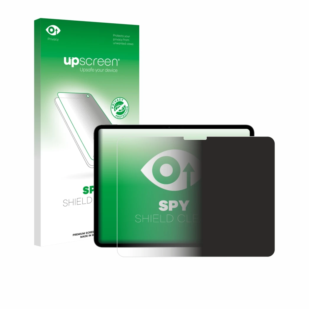 Parte frontal de un envase de producto con el logotipo de la marca upscreen. Al lado se muestra el dispositivo Apple iPad Pro