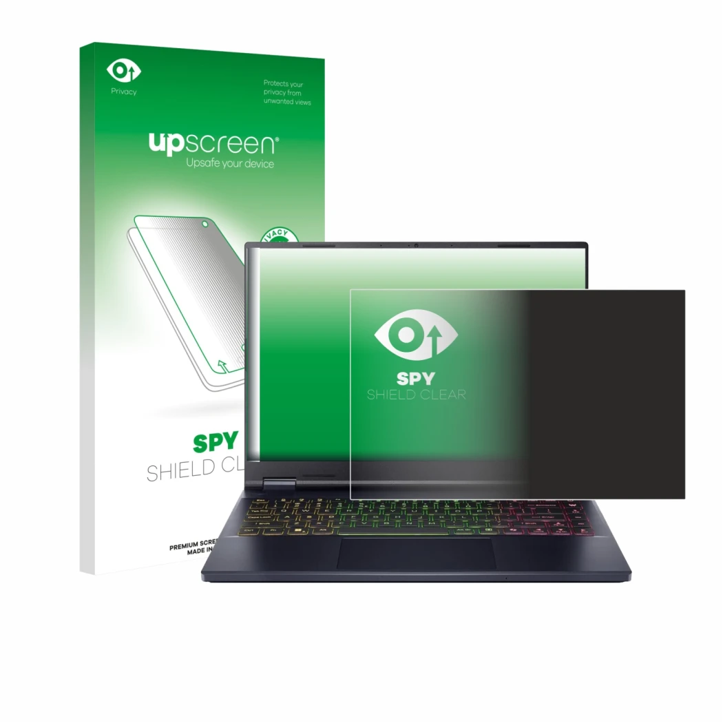 Parte frontal de un envase de producto con el logotipo de la marca upscreen. Al lado se muestra el dispositivo Acer Predator H