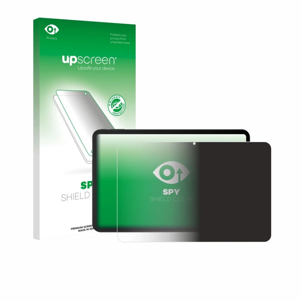 Parte frontal de un envase de producto con el logotipo de la marca upscreen. Al lado se muestra el dispositivo Doogee Tab G6 M