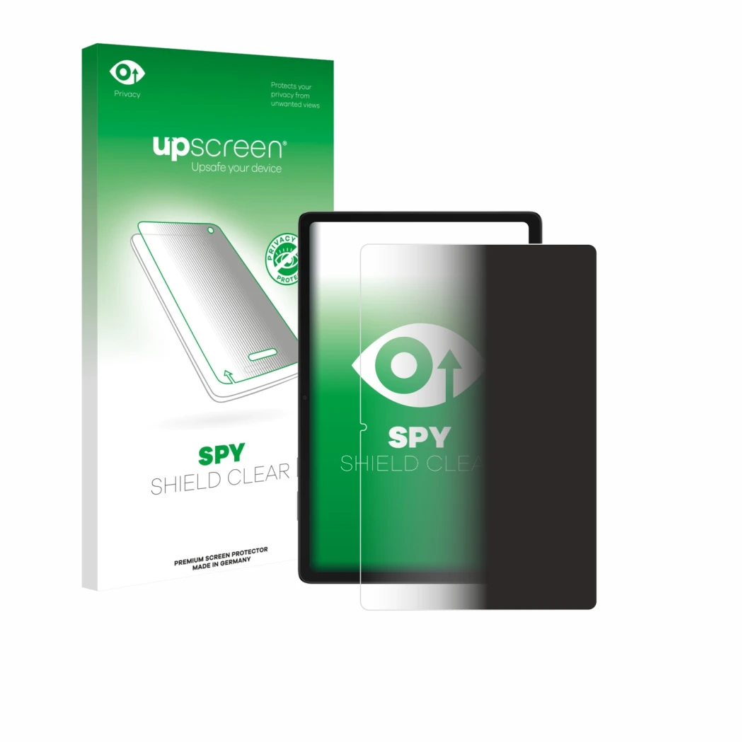 Parte frontal de un envase de producto con el logotipo de la marca upscreen. Al lado se muestra el dispositivo Samsung Galaxy