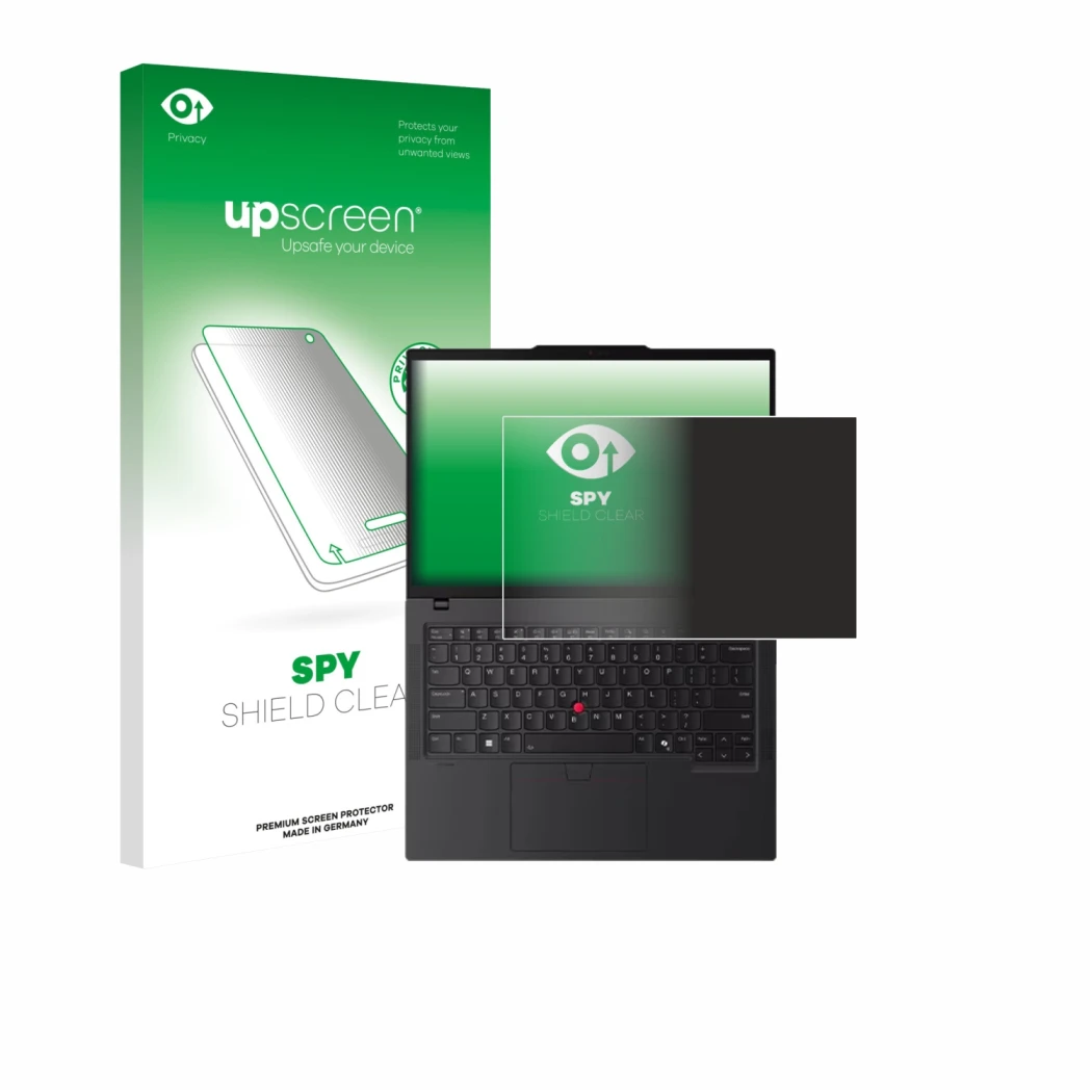 Parte frontal de un envase de producto con el logotipo de la marca upscreen. Al lado se muestra el dispositivo Lenovo ThinkPad