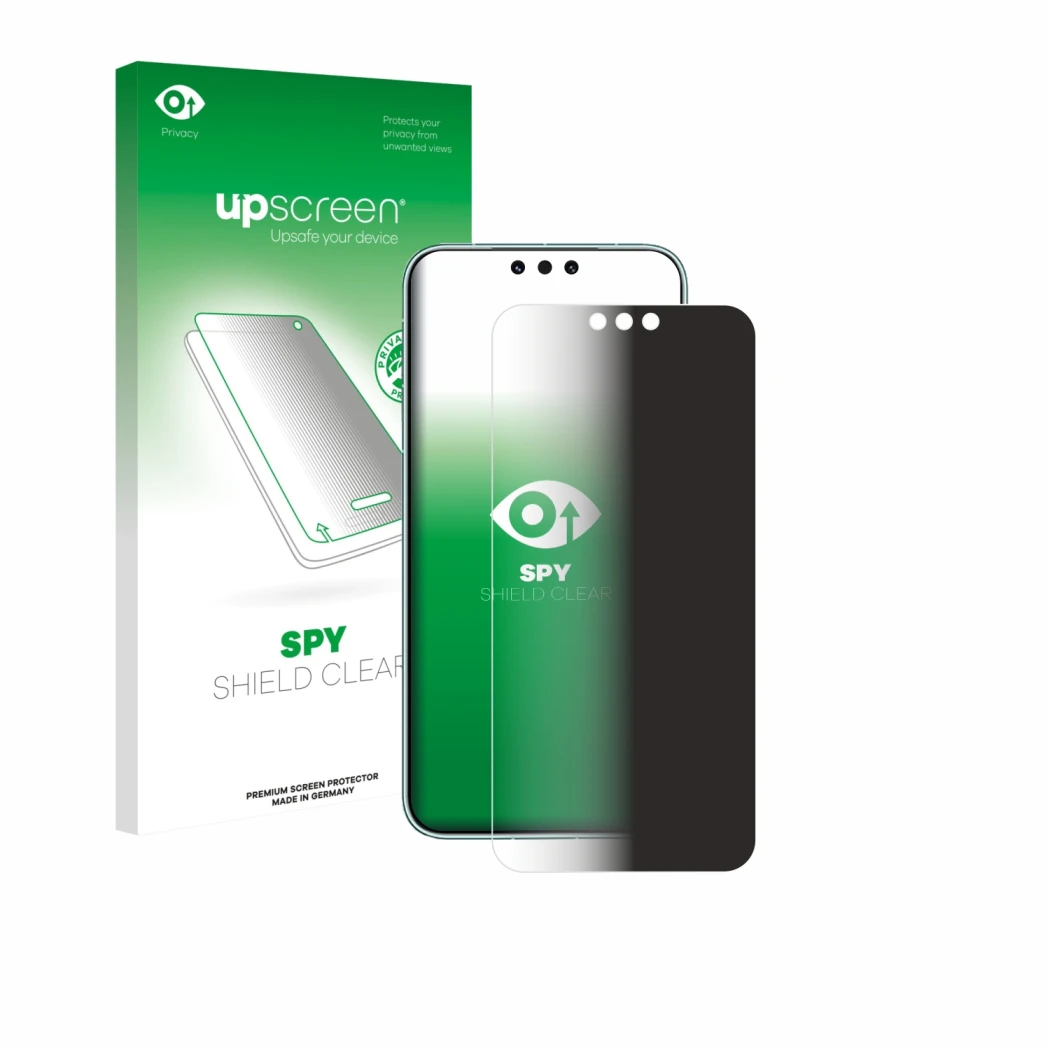 Parte frontal de un envase de producto con el logotipo de la marca upscreen. Al lado se muestra el dispositivo Huawei Mate 80 